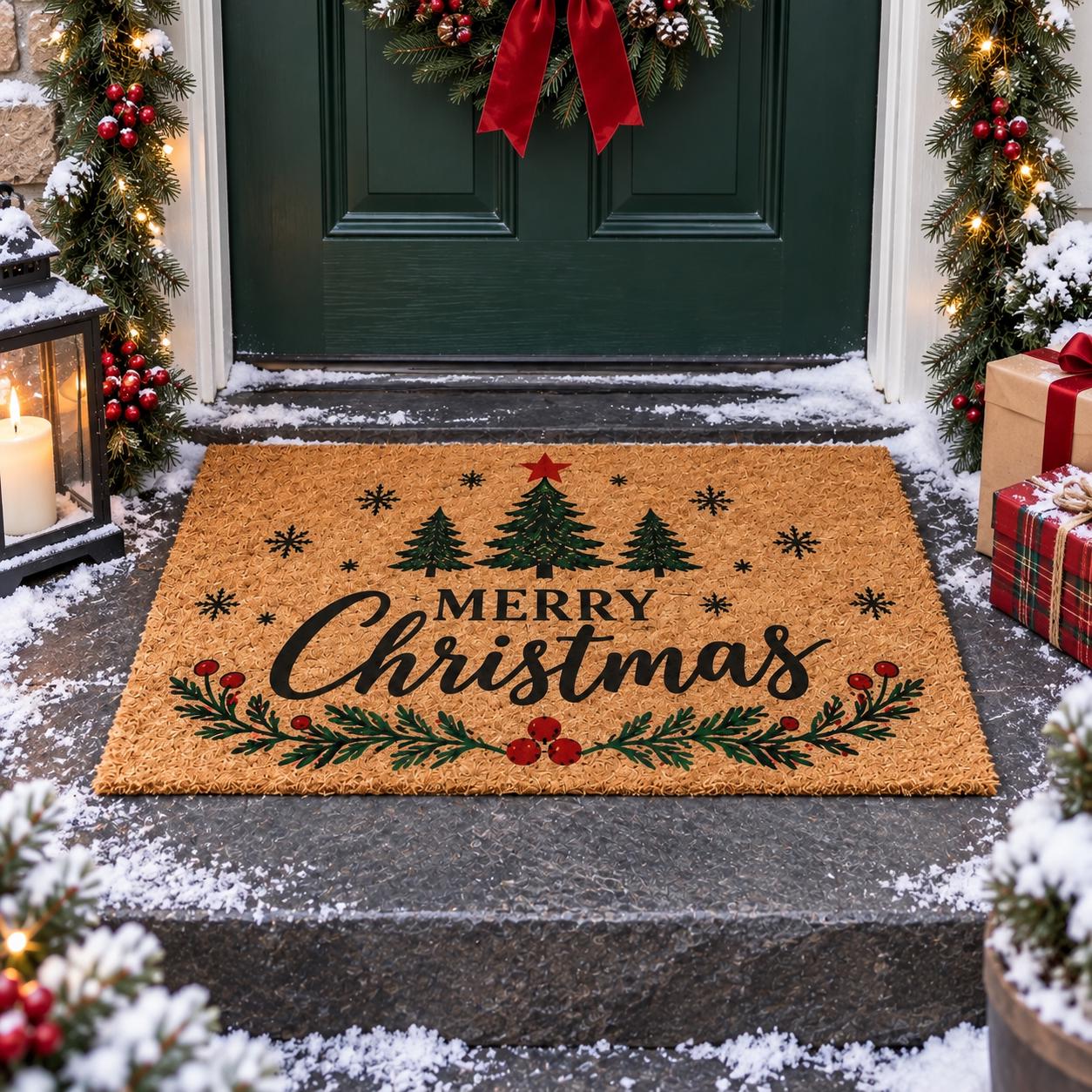 Merry Christmas Doormat with Tree Coir Welcome Mat for Rustic Holiday Front Door Decor and Farmhouse Porch Entryway - photo 3