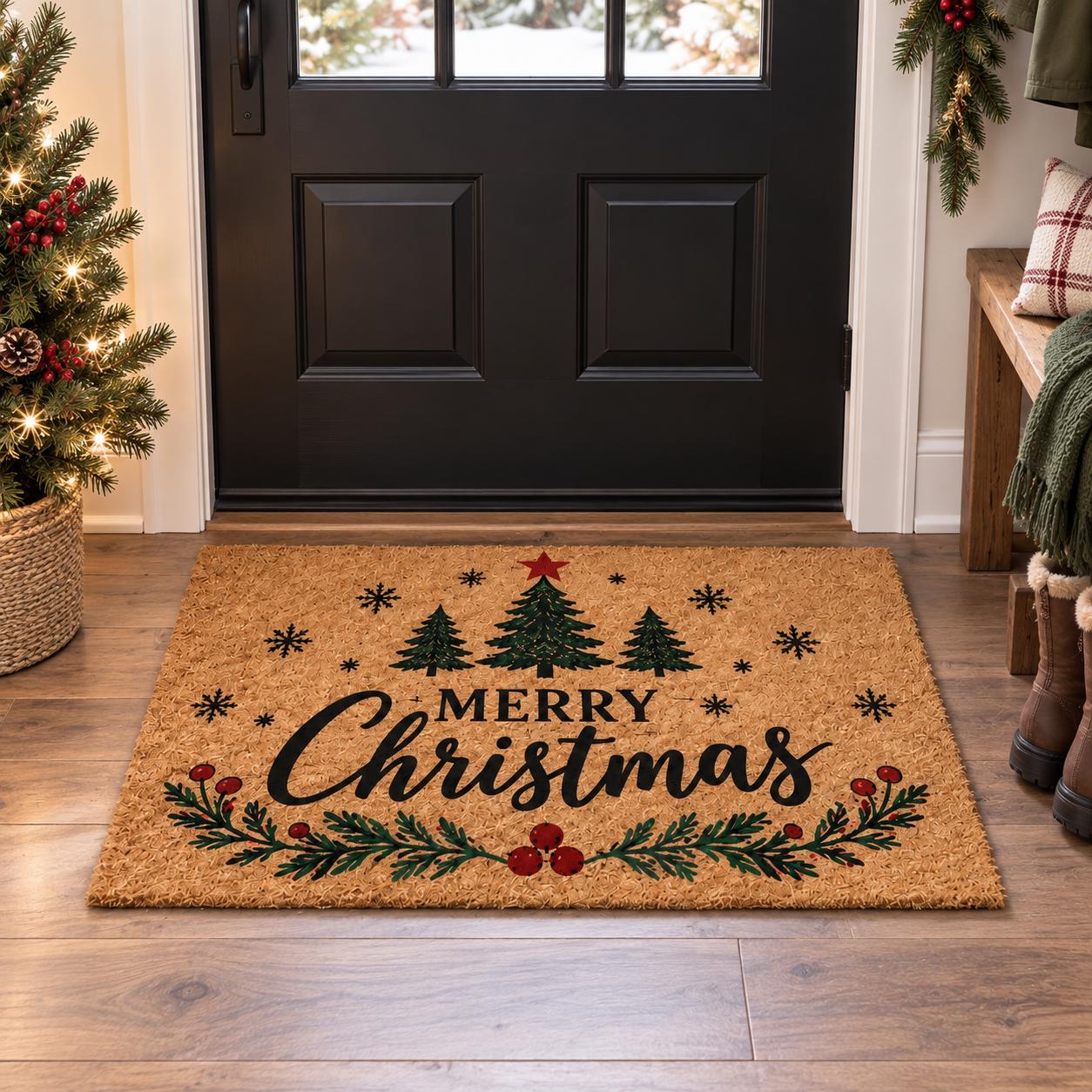 Merry Christmas Doormat with Tree Coir Welcome Mat for Rustic Holiday Front Door Decor and Farmhouse Porch Entryway - photo 5