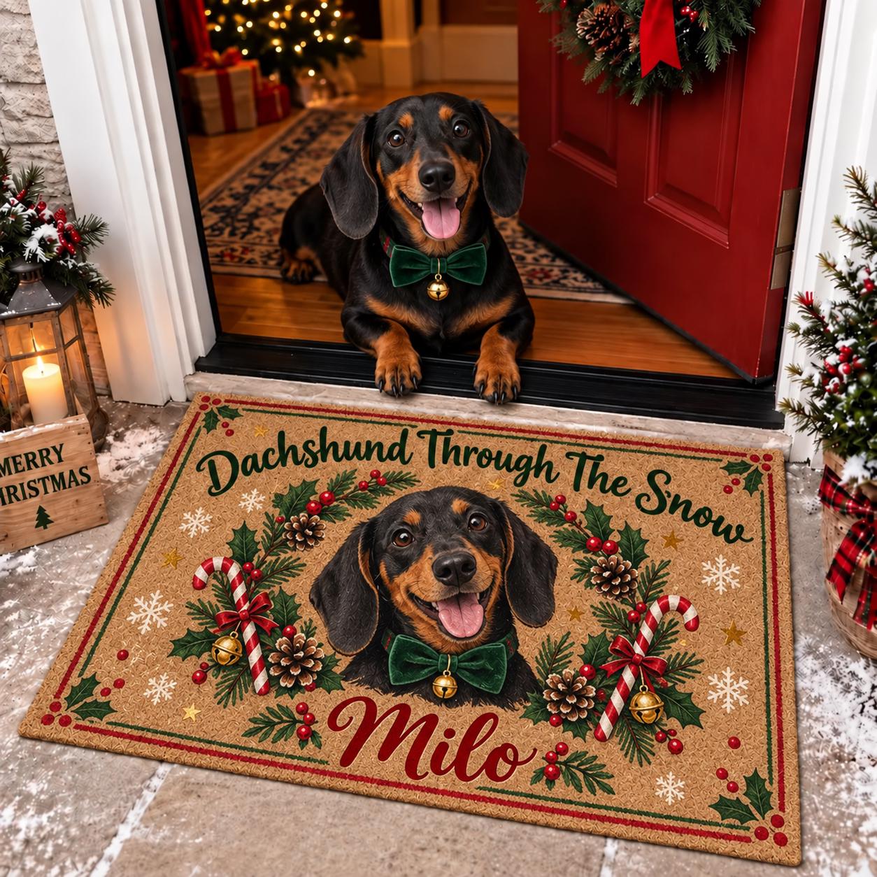Personalized Dachshund Christmas Doormat – Custom Dog Name Coir Door Mat And Wiener Dog Holiday Lover Gift