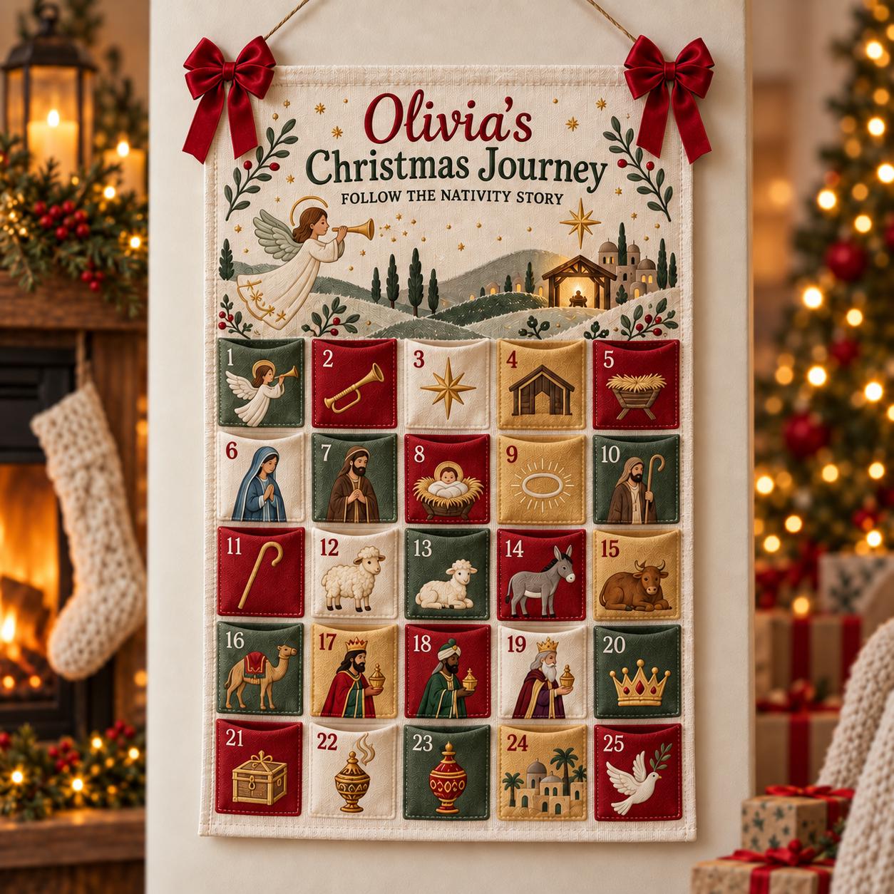 Personalized Nativity Advent Calendar with 25 Pockets for Fabric Christmas Countdown, Religious Wall Hanging and Kids Decor