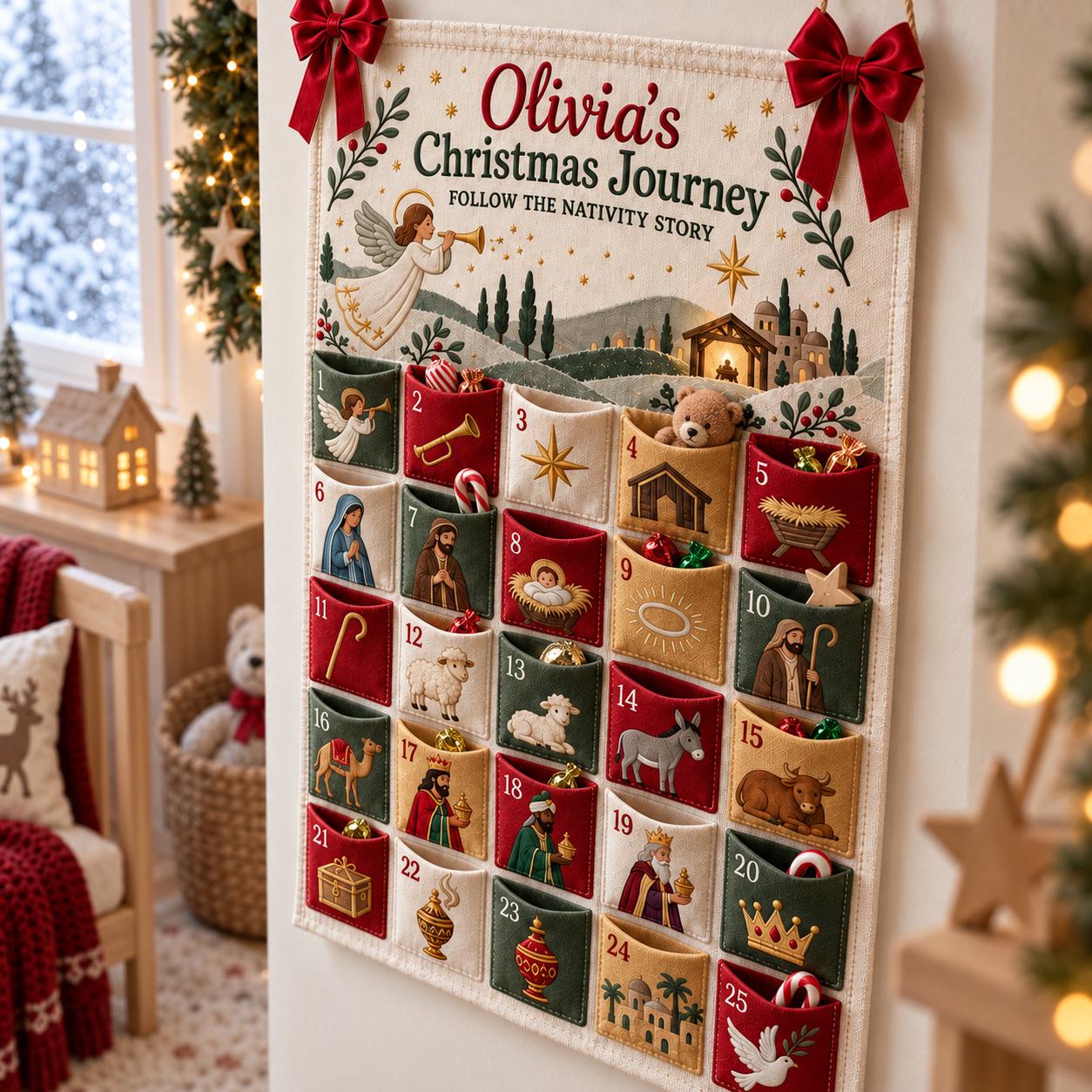 Personalized Nativity Advent Calendar with 25 Pockets for Fabric Christmas Countdown, Religious Wall Hanging and Kids Decor - photo 2