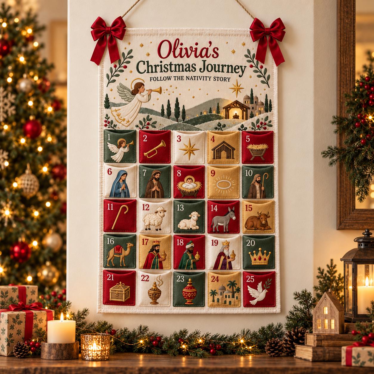 Personalized Nativity Advent Calendar with 25 Pockets for Fabric Christmas Countdown, Religious Wall Hanging and Kids Decor - photo 6
