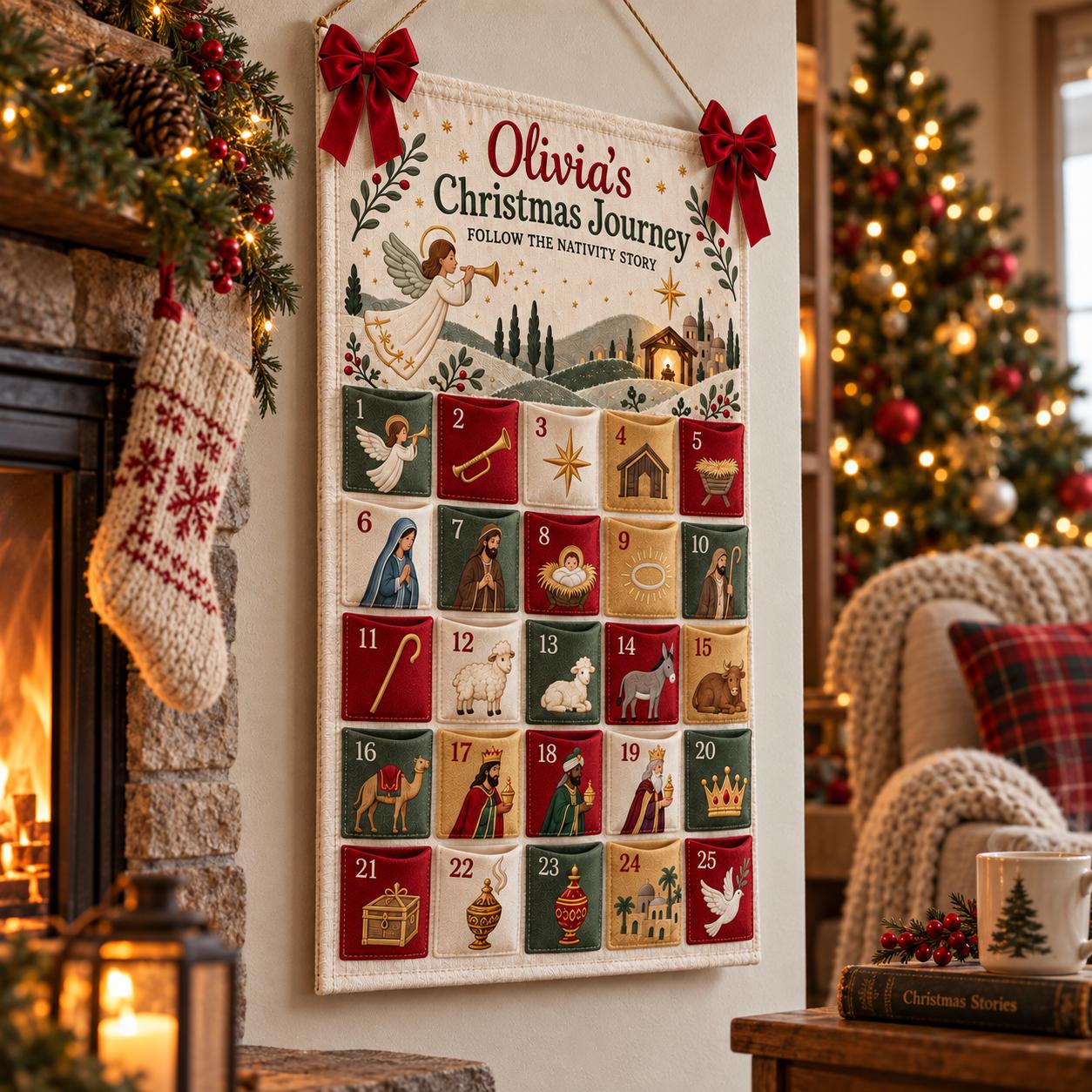 Personalized Nativity Advent Calendar with 25 Pockets for Fabric Christmas Countdown, Religious Wall Hanging and Kids Decor - photo 7