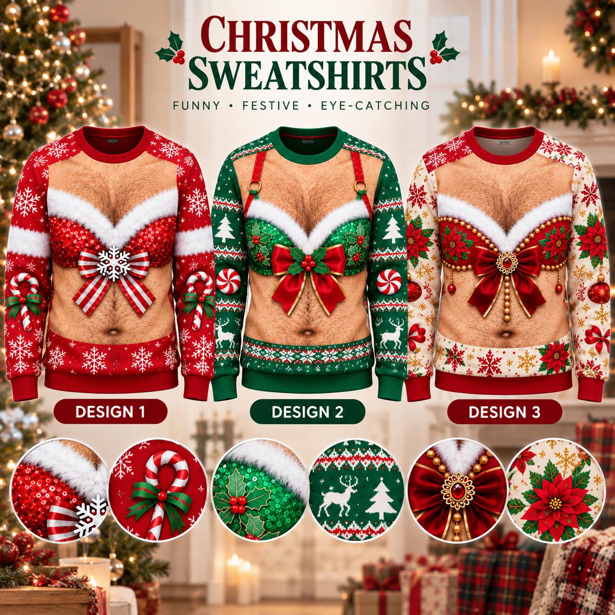 Funny Christmas Sweatshirt For Women With Fake Body Illusion – Festive Bra Print Naughty Ugly Xmas Crewneck Sweater And Party Gag Gift - photo 3