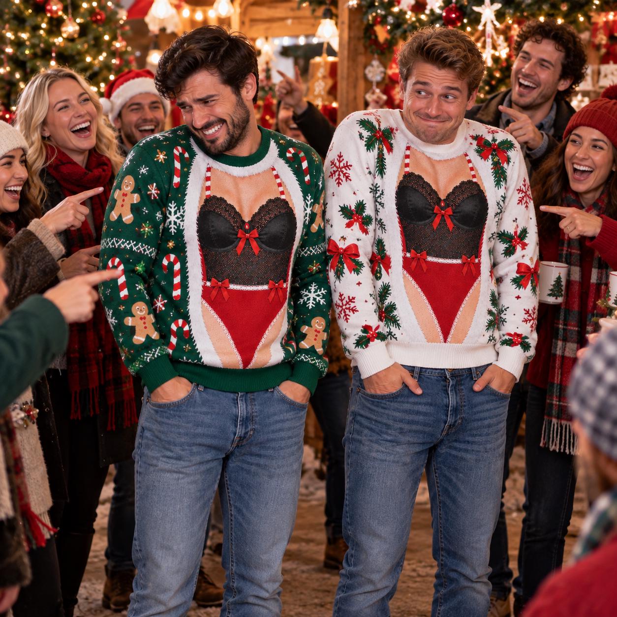 Funny Christmas Sweatshirt For Men With Fake Lingerie Body Illusion – Naughty Ugly Xmas Crewneck Sweater And Party Gag Gift For Him