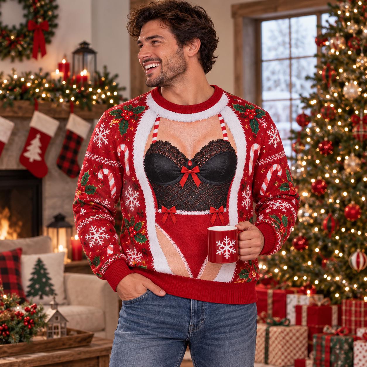 Funny Christmas Sweatshirt For Men With Fake Lingerie Body Illusion – Naughty Ugly Xmas Crewneck Sweater And Party Gag Gift For Him - photo 6