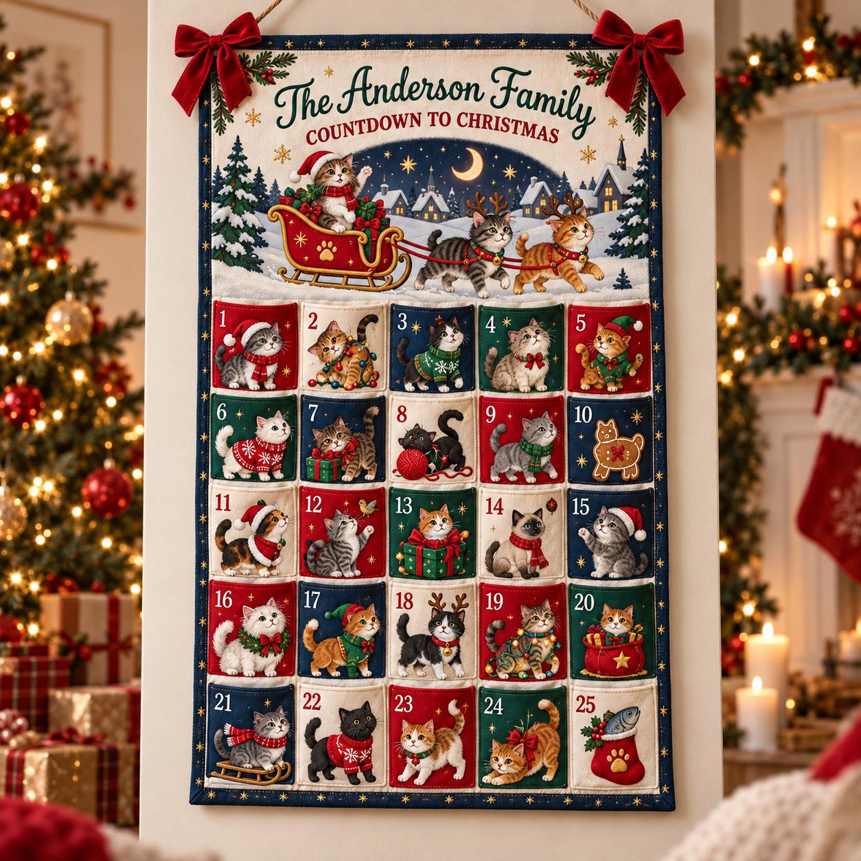 Personalized Cat Advent Calendar And Fabric Christmas Countdown With 25 Pockets, Holiday Wall Hanging for Family Decor, Cat Lover Gift