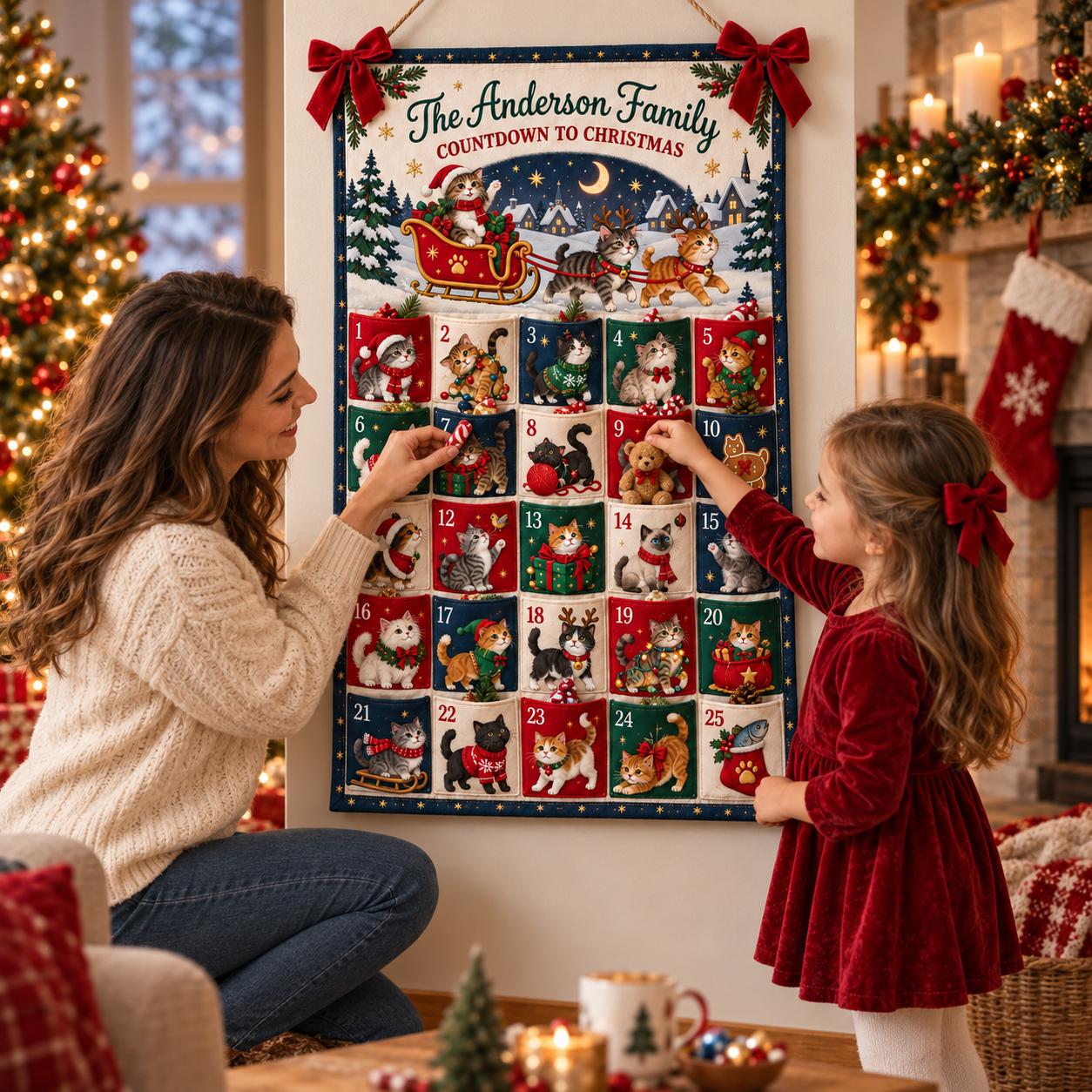 Personalized Cat Advent Calendar And Fabric Christmas Countdown With 25 Pockets, Holiday Wall Hanging for Family Decor, Cat Lover Gift - photo 3