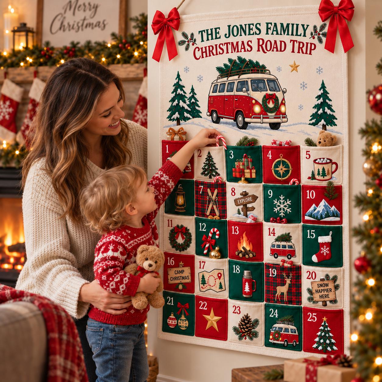 Personalized Family Advent Calendar with Road Trip Fabric Countdown, 25 Pockets, Holiday Wall Hanging and Christmas Decor