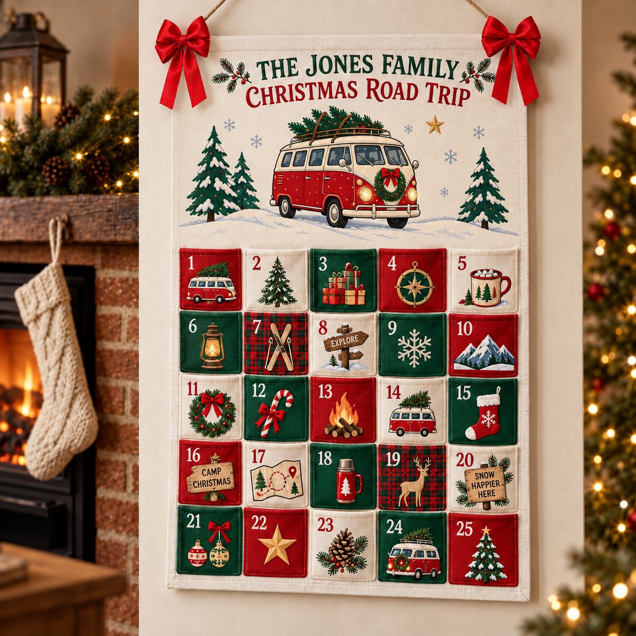 Personalized Family Advent Calendar with Road Trip Fabric Countdown, 25 Pockets, Holiday Wall Hanging and Christmas Decor - photo 2