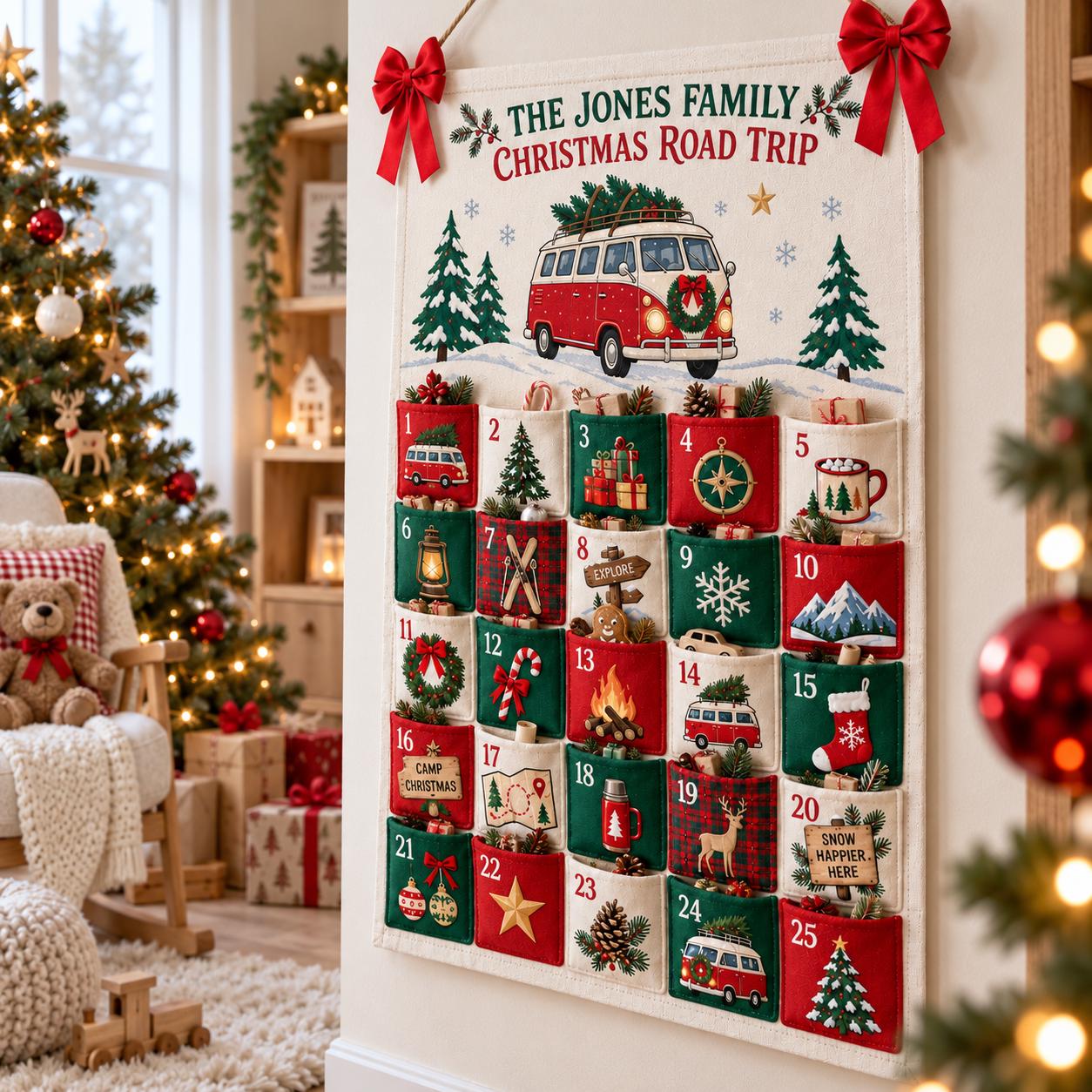 Personalized Family Advent Calendar with Road Trip Fabric Countdown, 25 Pockets, Holiday Wall Hanging and Christmas Decor - photo 3