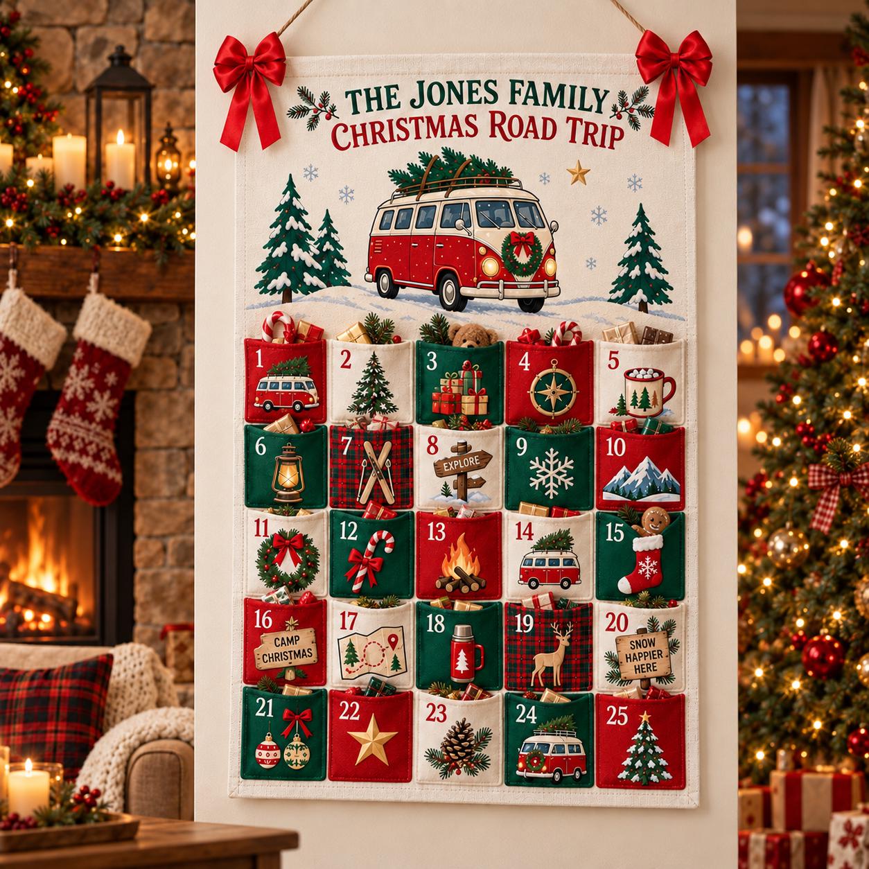 Personalized Family Advent Calendar with Road Trip Fabric Countdown, 25 Pockets, Holiday Wall Hanging and Christmas Decor - photo 7