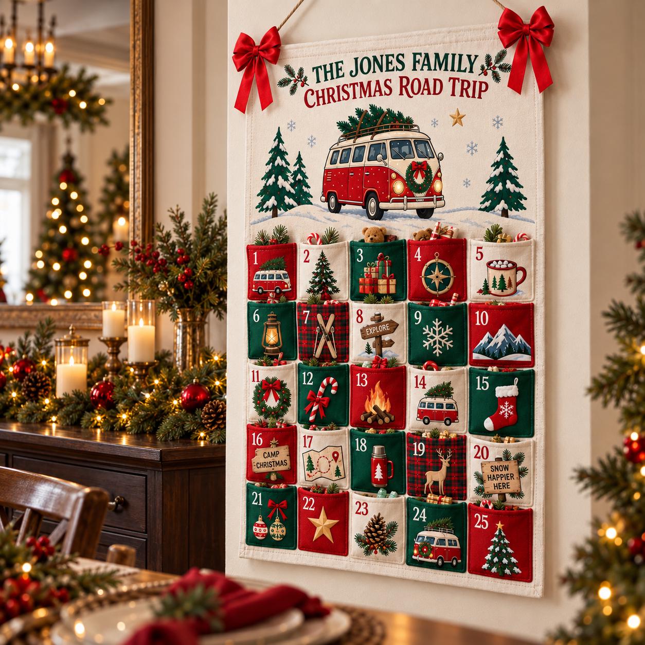 Personalized Family Advent Calendar with Road Trip Fabric Countdown, 25 Pockets, Holiday Wall Hanging and Christmas Decor - photo 8