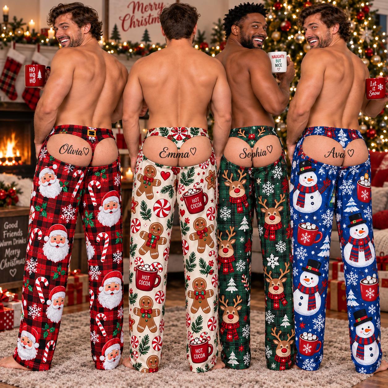 Personalized Funny Christmas Pajama Pants With Fake Butt And Girlfriend Name for Mens Xmas Lounge Pants, Gag Gift For Boyfriend Husband