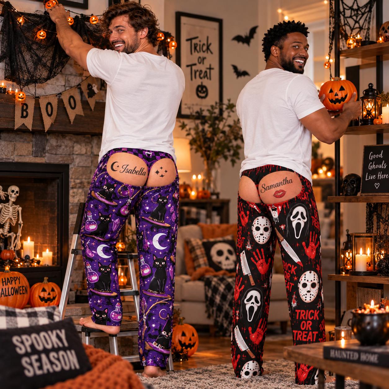 Personalized Halloween Pajama Pants With Funny Fake Butt And Girlfriend Name for Mens Spooky Lounge Pants, Halloween Gag Gift For Him