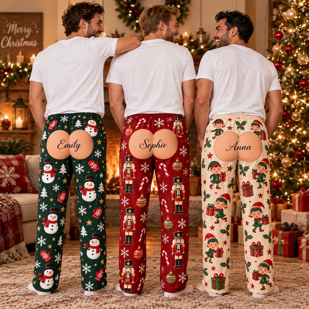 Personalized Christmas Pajama Pants With Funny Fake Butt And Custom Name for Mens Holiday Lounge Pants, Naughty Xmas Gag Gift For Him - photo 1
