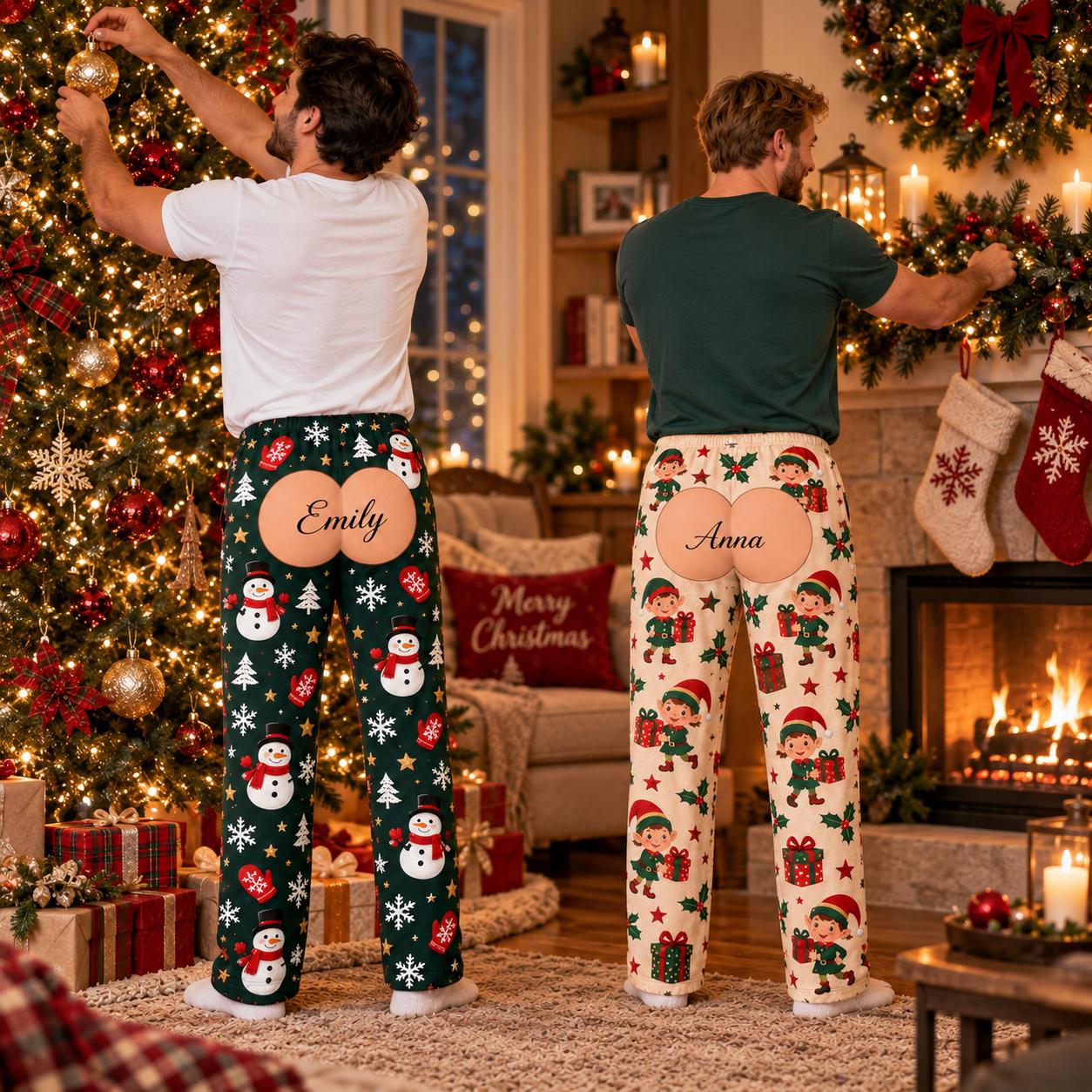 Personalized Christmas Pajama Pants With Funny Fake Butt And Custom Name for Mens Holiday Lounge Pants, Naughty Xmas Gag Gift For Him - photo 2