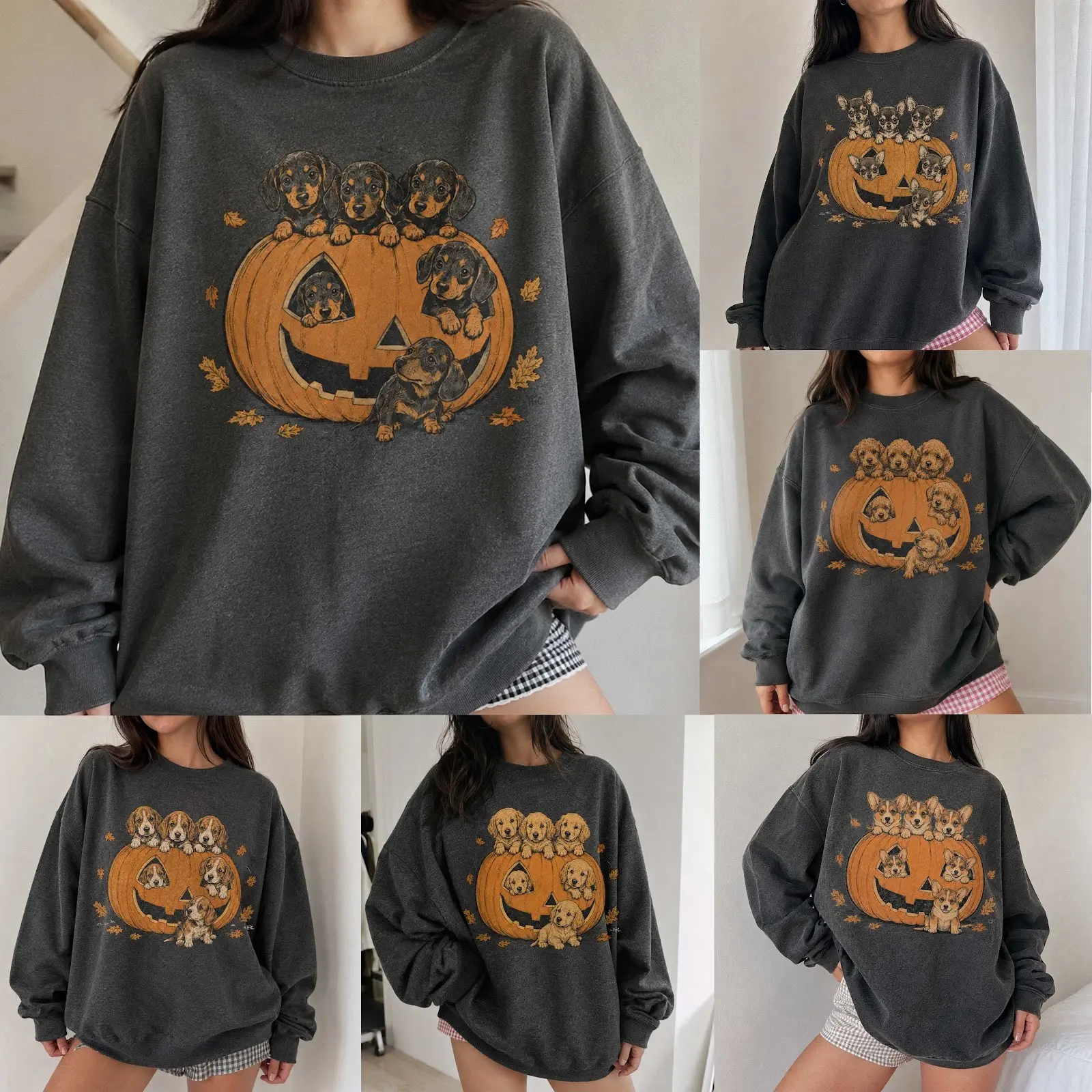 Dog Breed Pumpkin Patch Halloween Sweatshirt, Fall Dachshund Golden Retriever Labrador Pitbull Poodle Crewneck Gift - photo 1