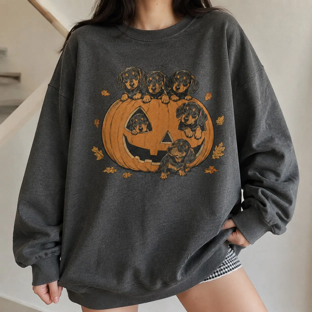 Dog Breed Pumpkin Patch Halloween Sweatshirt, Fall Dachshund Golden Retriever Labrador Pitbull Poodle Crewneck Gift - photo 2