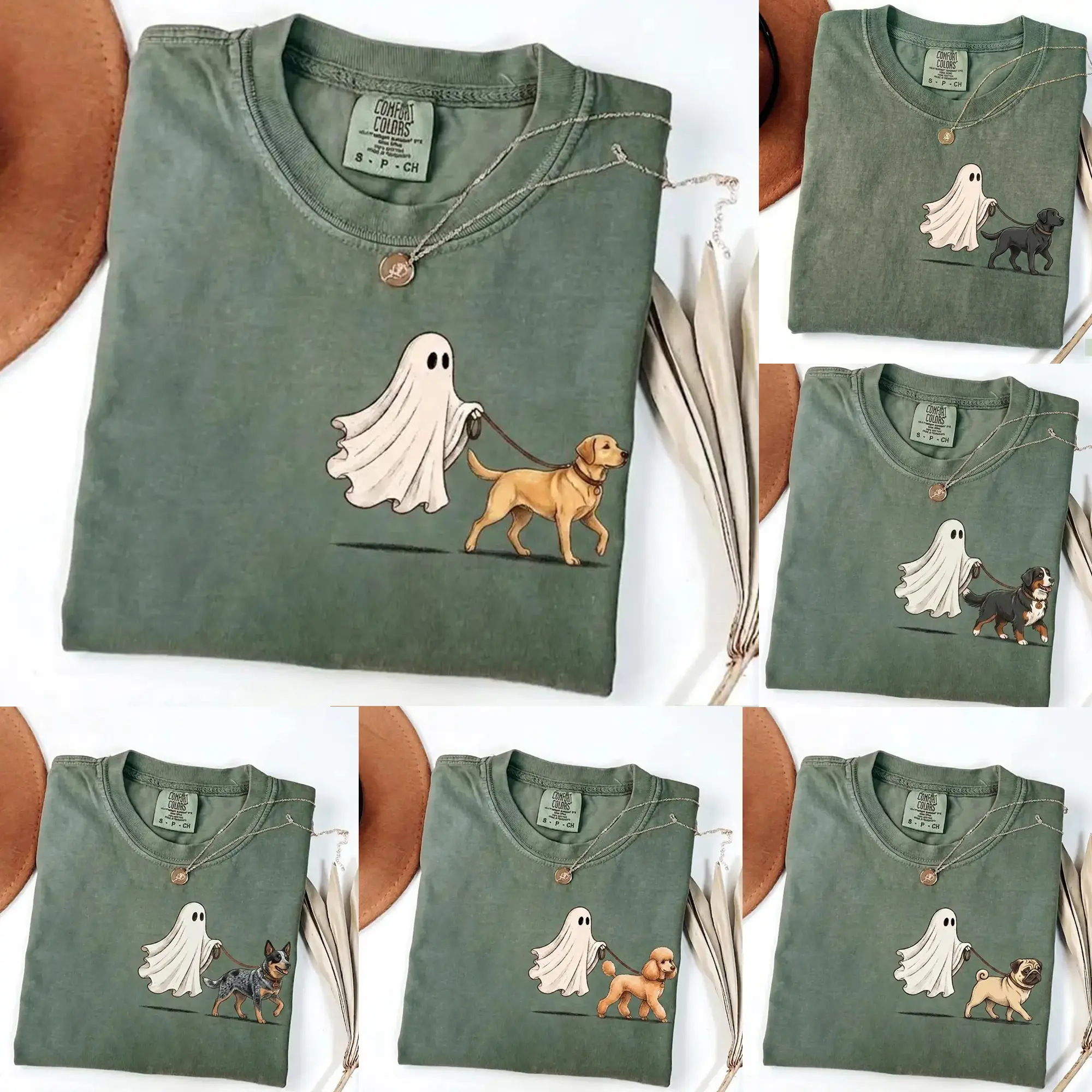Ghost Walking Halloween Moss Green Shirt, Custom Dog Breed Tee for Pet Moms, Funny Fall Gift