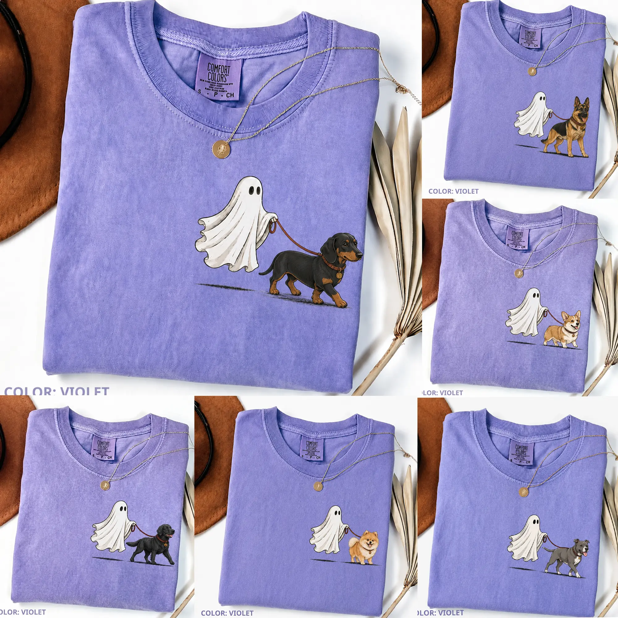 Comfort Colors Violet Ghost Walking Halloween Shirt, Cute Custom Dog Breed Tee for Pet Moms