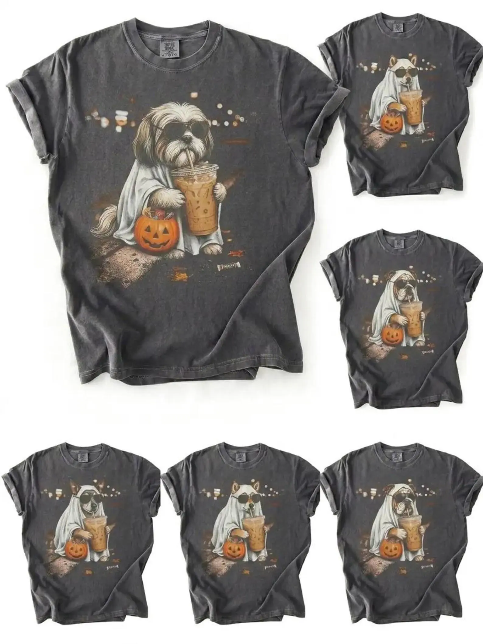 50+ Ghost Dog Pumpkin Coffee T-Shirt, Funny Halloween Dog Mom Graphic Tee, Retro Spooky Season Pet Lover Top