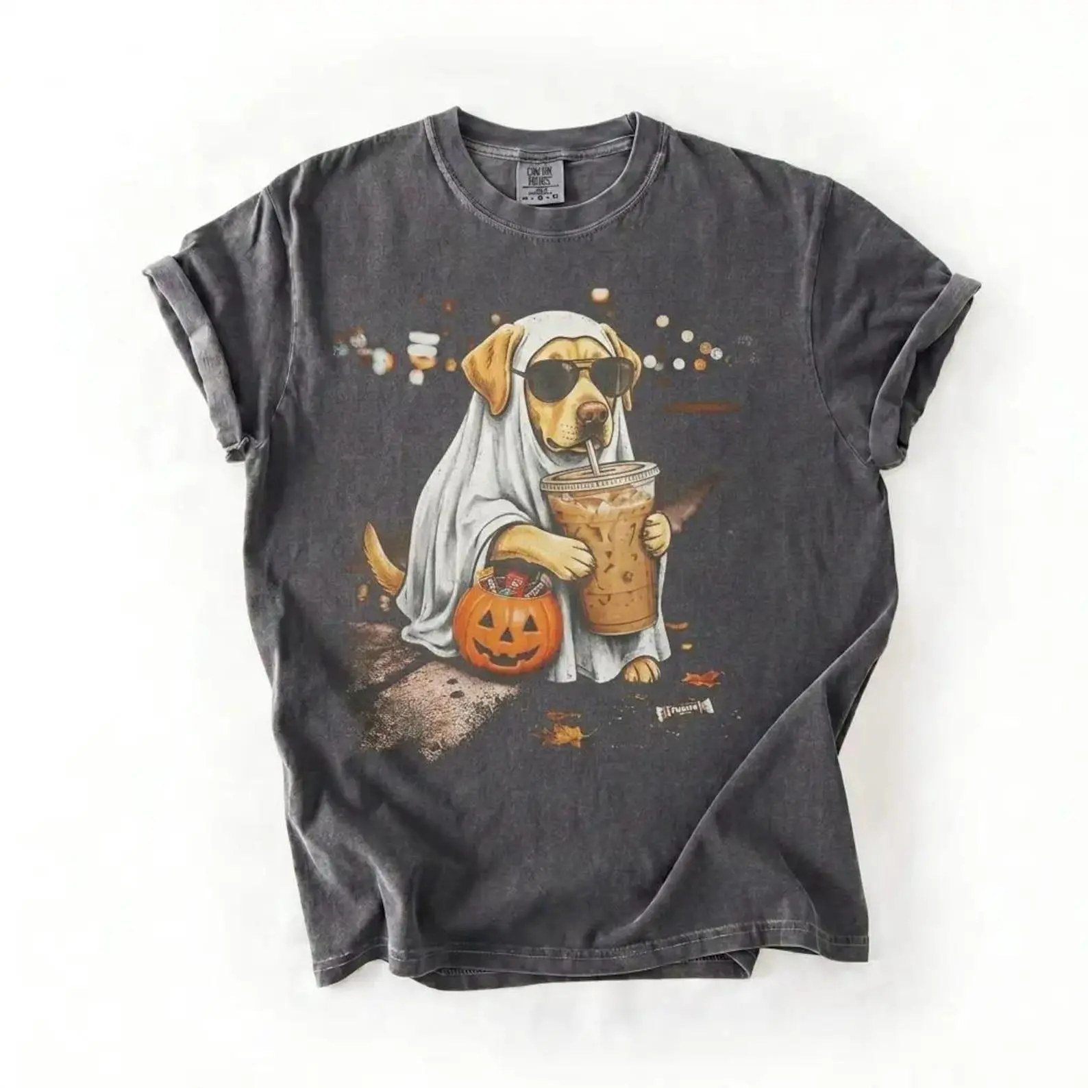 50+ Ghost Dog Pumpkin Coffee T-Shirt, Funny Halloween Dog Mom Graphic Tee, Retro Spooky Season Pet Lover Top - photo 2
