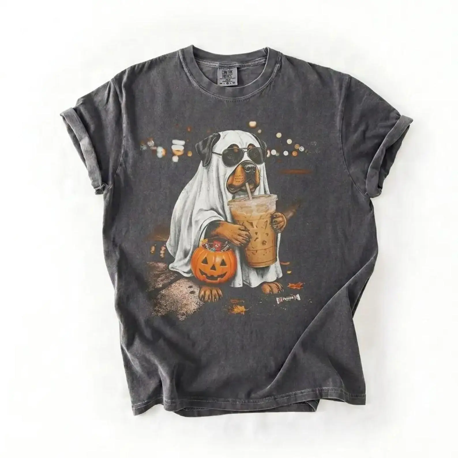 50+ Ghost Dog Pumpkin Coffee T-Shirt, Funny Halloween Dog Mom Graphic Tee, Retro Spooky Season Pet Lover Top - photo 3