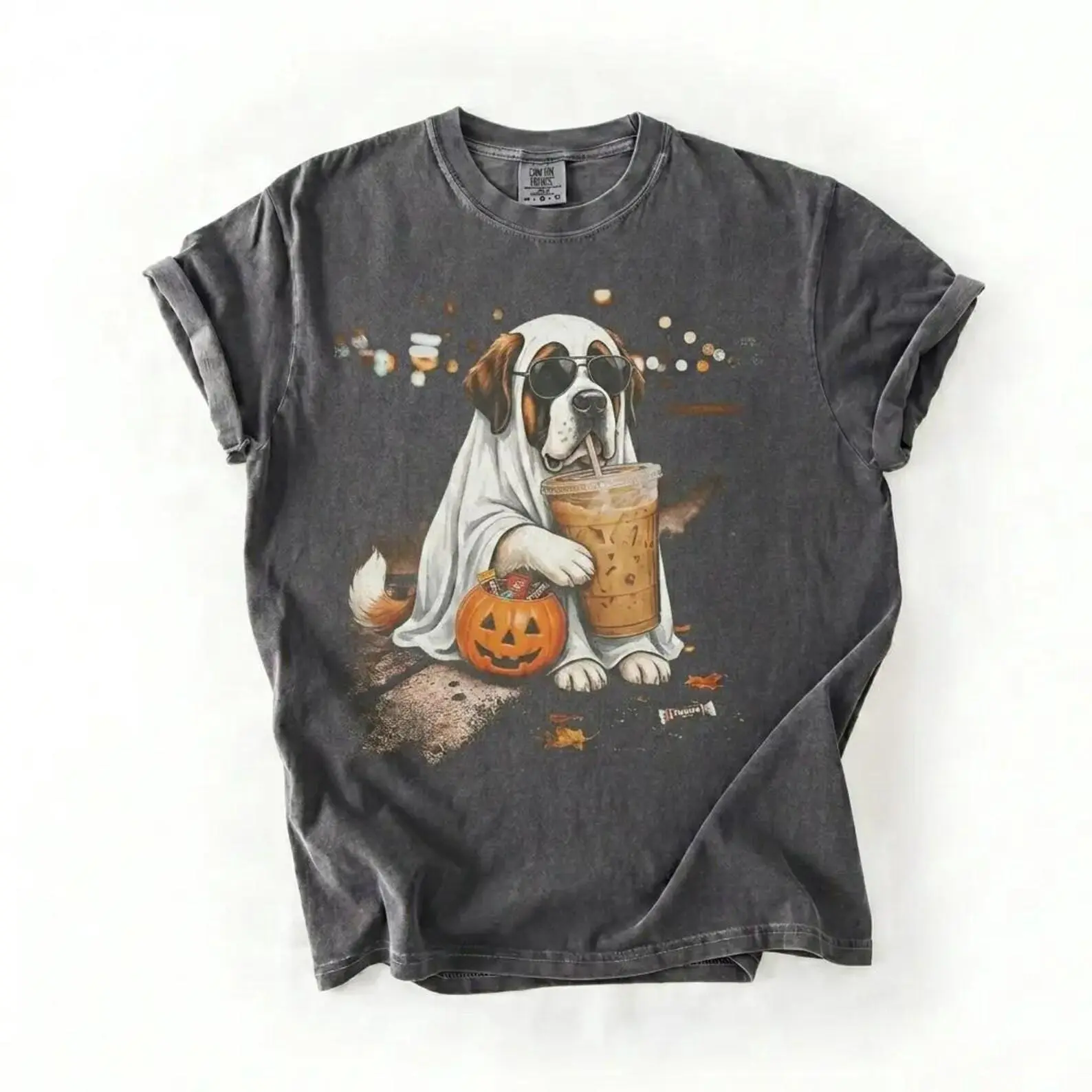 50+ Ghost Dog Pumpkin Coffee T-Shirt, Funny Halloween Dog Mom Graphic Tee, Retro Spooky Season Pet Lover Top - photo 4