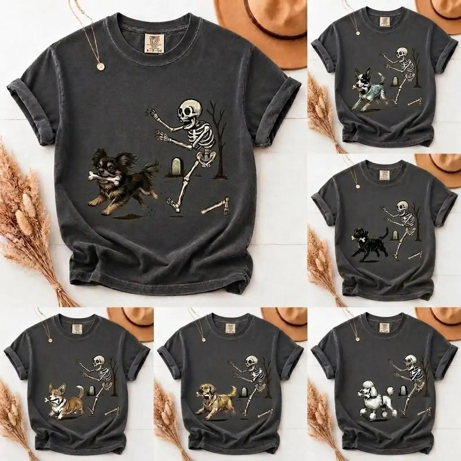 Comfort Colors 50+ Skeleton Dog Chasing Bones Pepper Shirt, Retro Halloween Dog Mom Tee, Funny Spooky Fall Lover Top