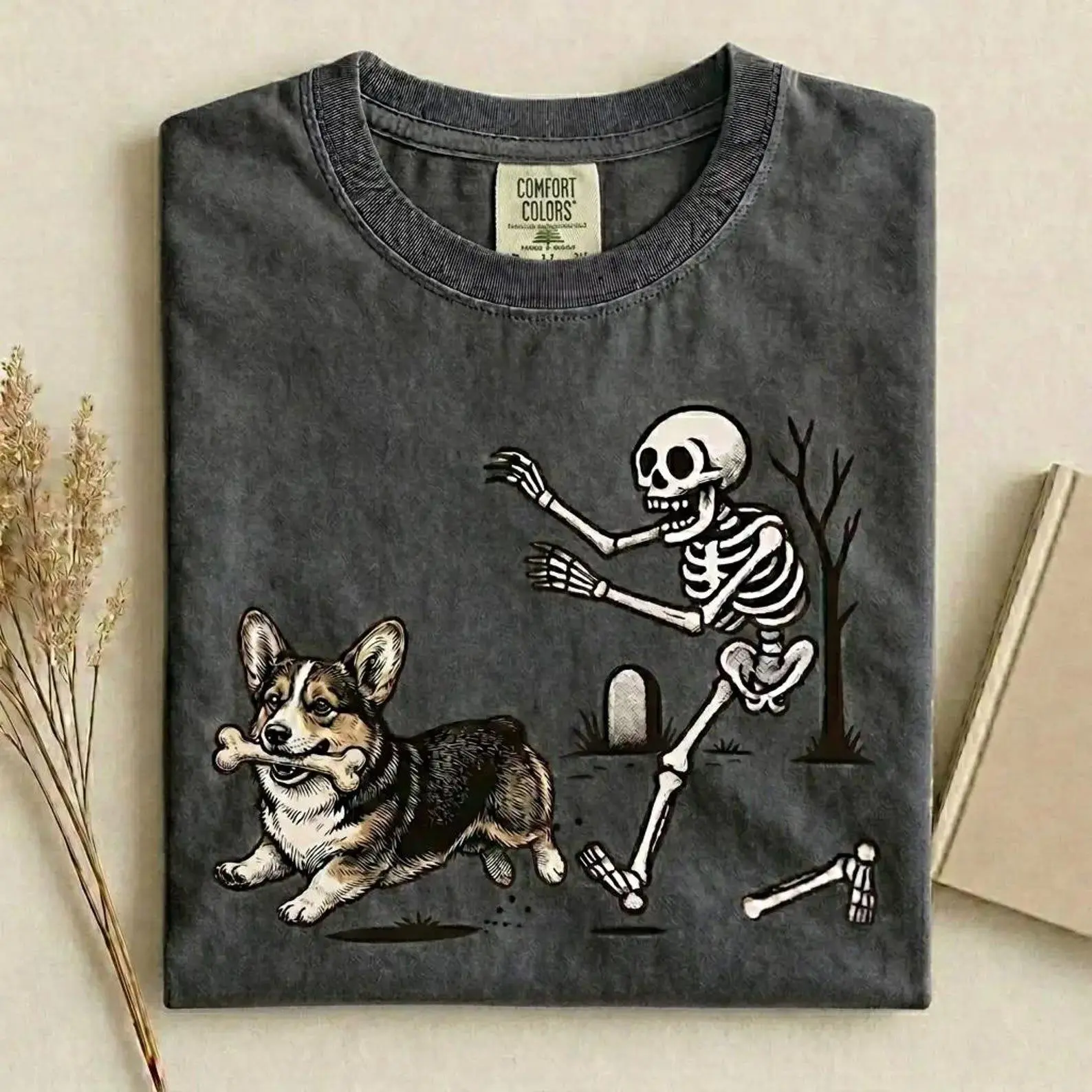 Comfort Colors 50+ Skeleton Dog Chasing Bones Pepper Shirt, Retro Halloween Dog Mom Tee, Funny Spooky Fall Lover Top - photo 4