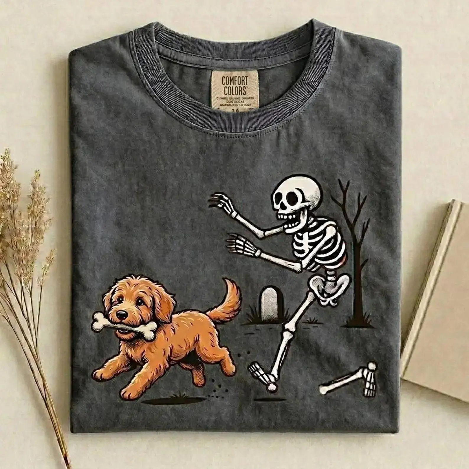 Comfort Colors 50+ Skeleton Dog Chasing Bones Pepper Shirt, Retro Halloween Dog Mom Tee, Funny Spooky Fall Lover Top - photo 5