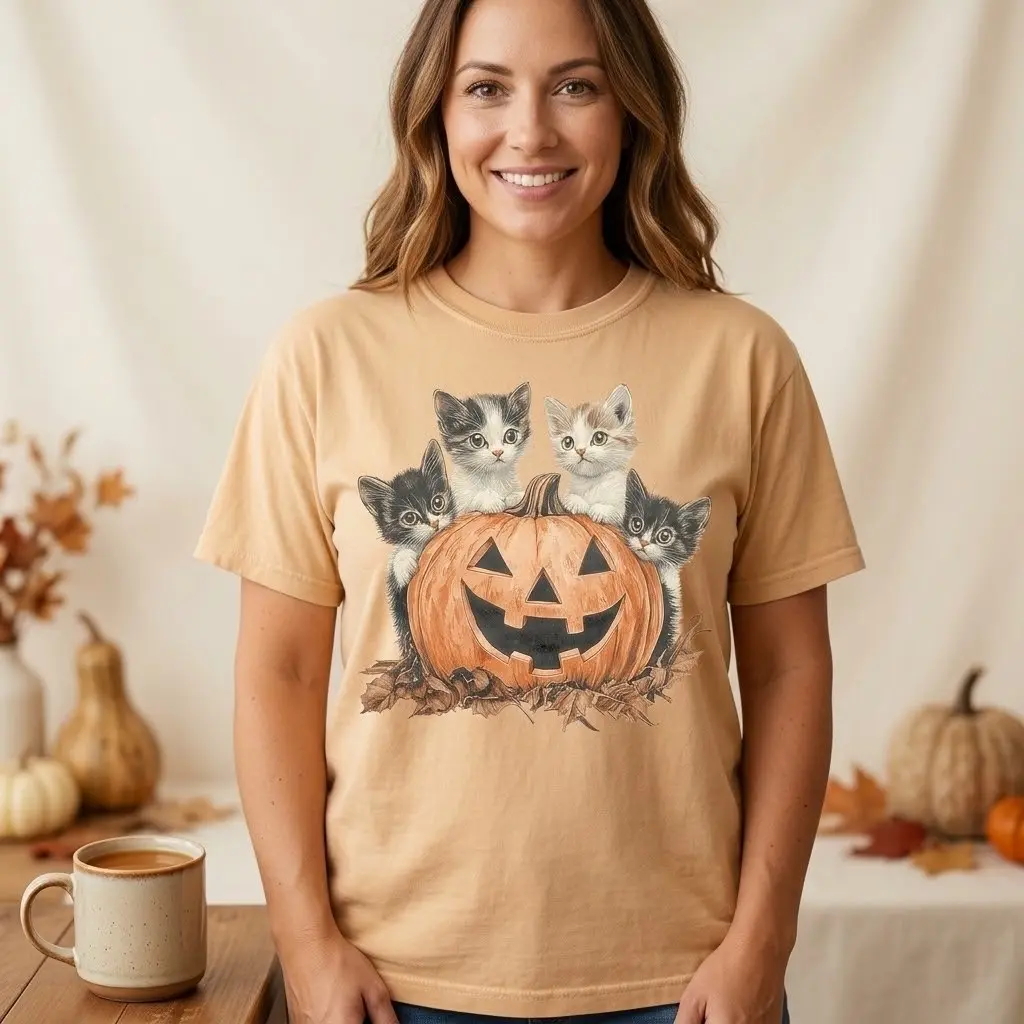 90s Retro Cat Halloween PNG Shirt Design, Spooky Season Pumpkin Sublimation Graphic, Black Kitty Lover Digital Download