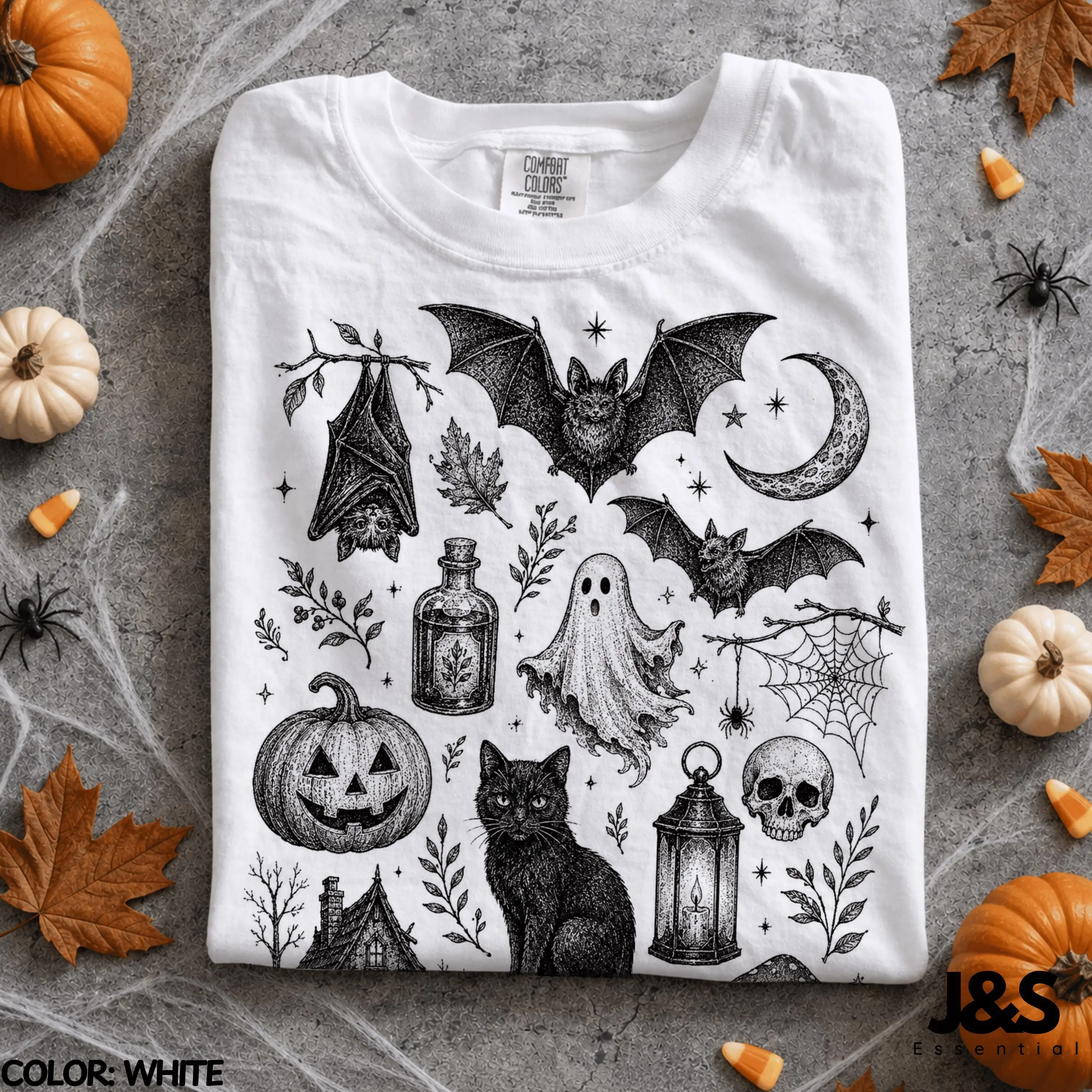90s Tattoo Halloween Shirt, Vintage Spooky Flash Tee, Ghost Black Cat Pumpkin Bat Witchy Goth Graphic Gift - photo 2