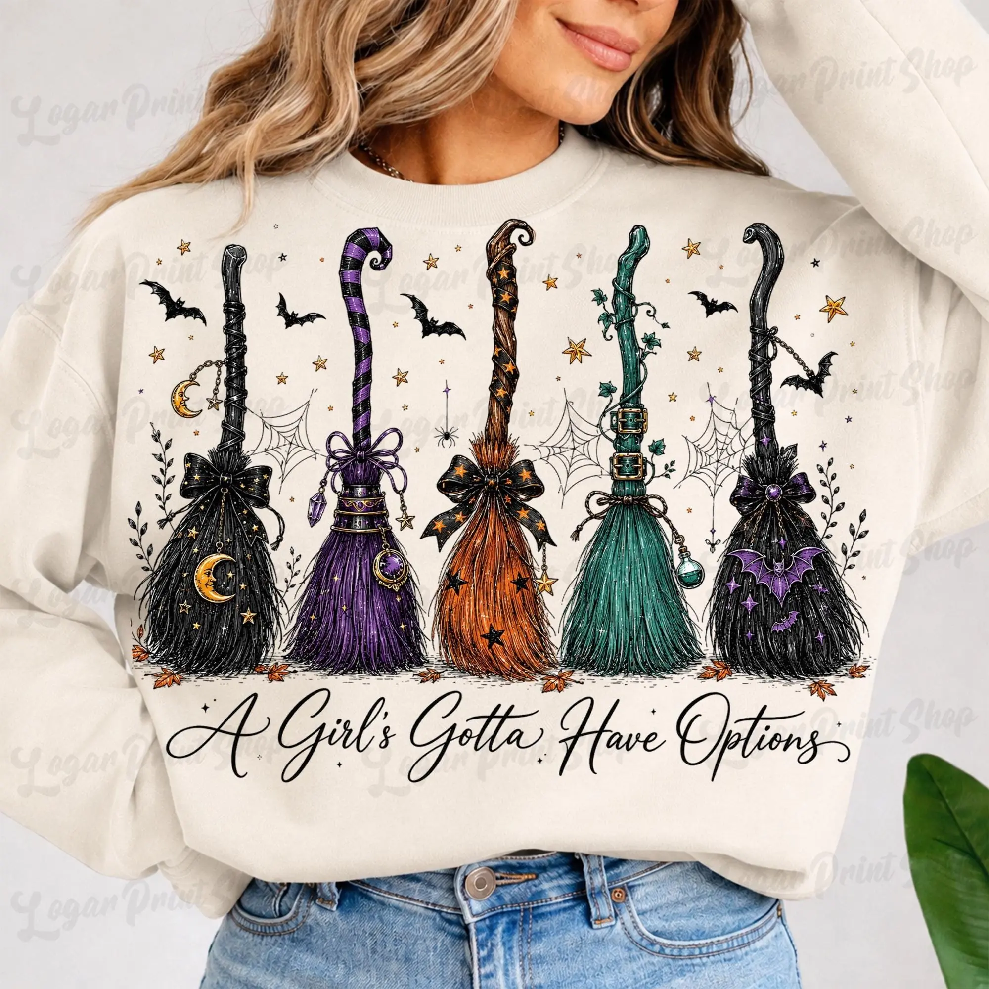 A Girl Gotta Have Options Retro Halloween Witch Sweatshirt, Vintage Spooky Broom Graphic for Women - photo 2