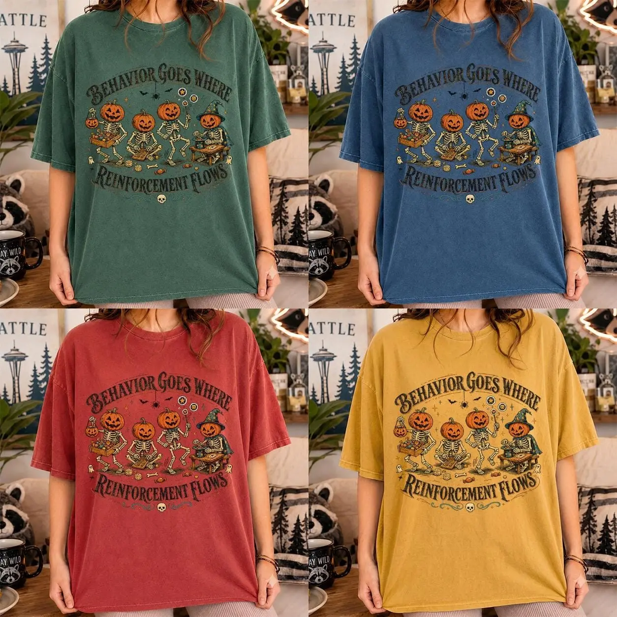 ABA Skeleton Pumpkin Head Shirt, BCBA Behavior Reinforcement Halloween Tee, RBT Special Education Comfort Colors Gift - photo 2