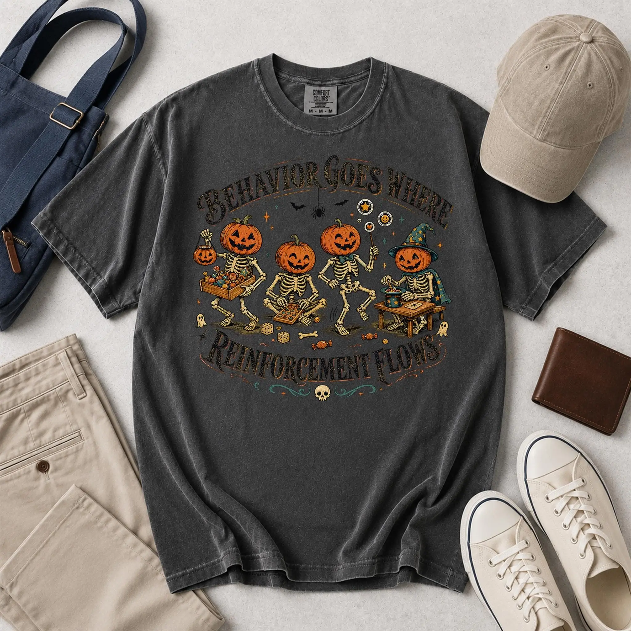 ABA Skeleton Pumpkin Head Shirt, BCBA Behavior Reinforcement Halloween Tee, RBT Special Education Comfort Colors Gift - photo 3
