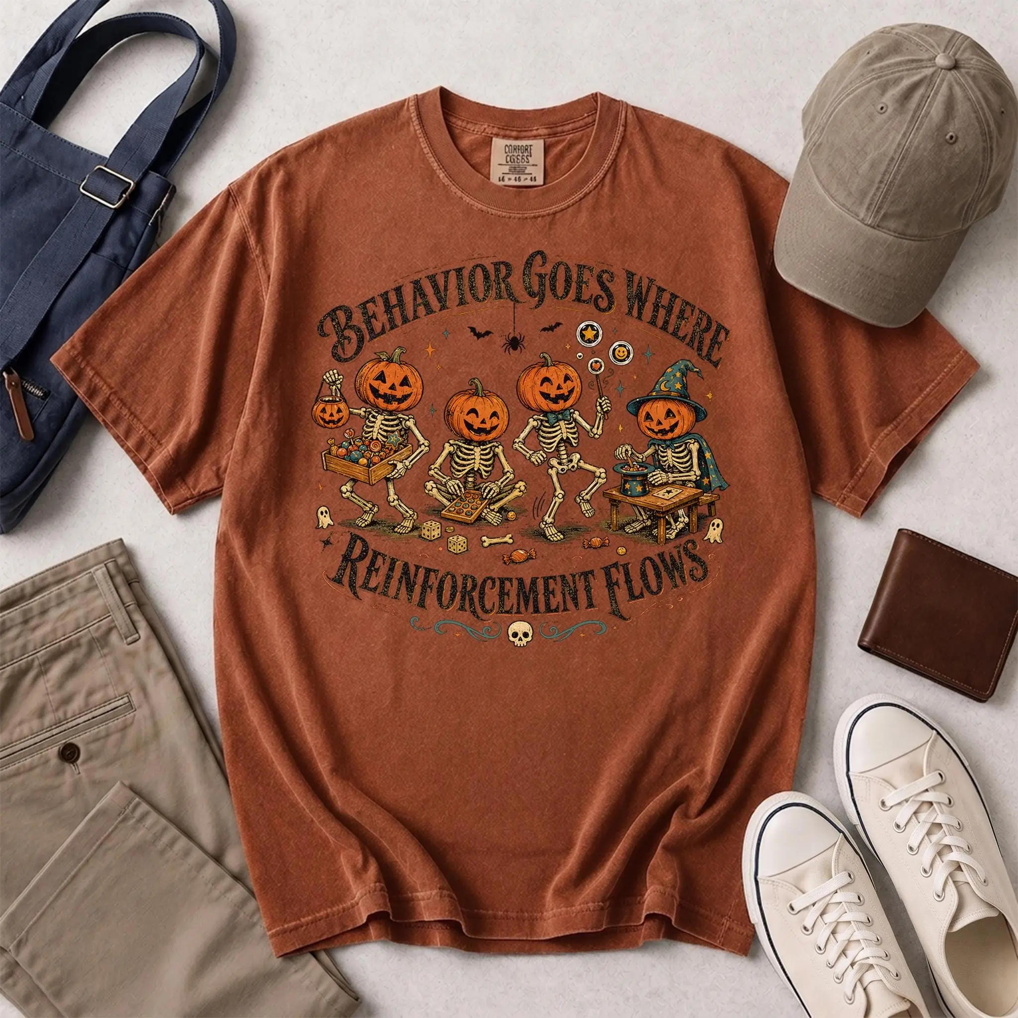 ABA Skeleton Pumpkin Head Shirt, BCBA Behavior Reinforcement Halloween Tee, RBT Special Education Comfort Colors Gift - photo 4
