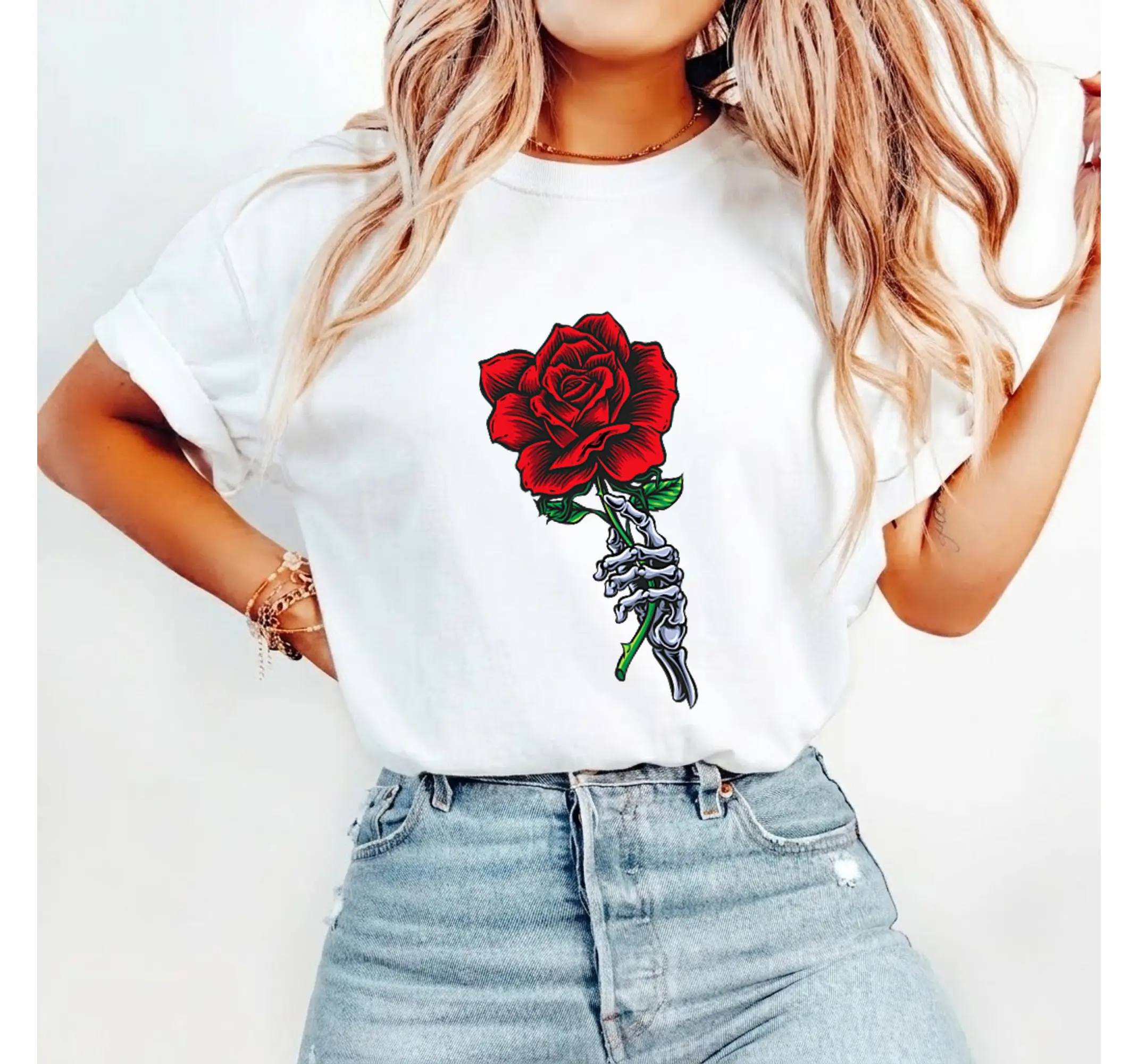 Aesthetic Skeleton Rose Graphic Tee, Grunge Goth Skull Hand Red Flower Y2K Alt T-Shirt
