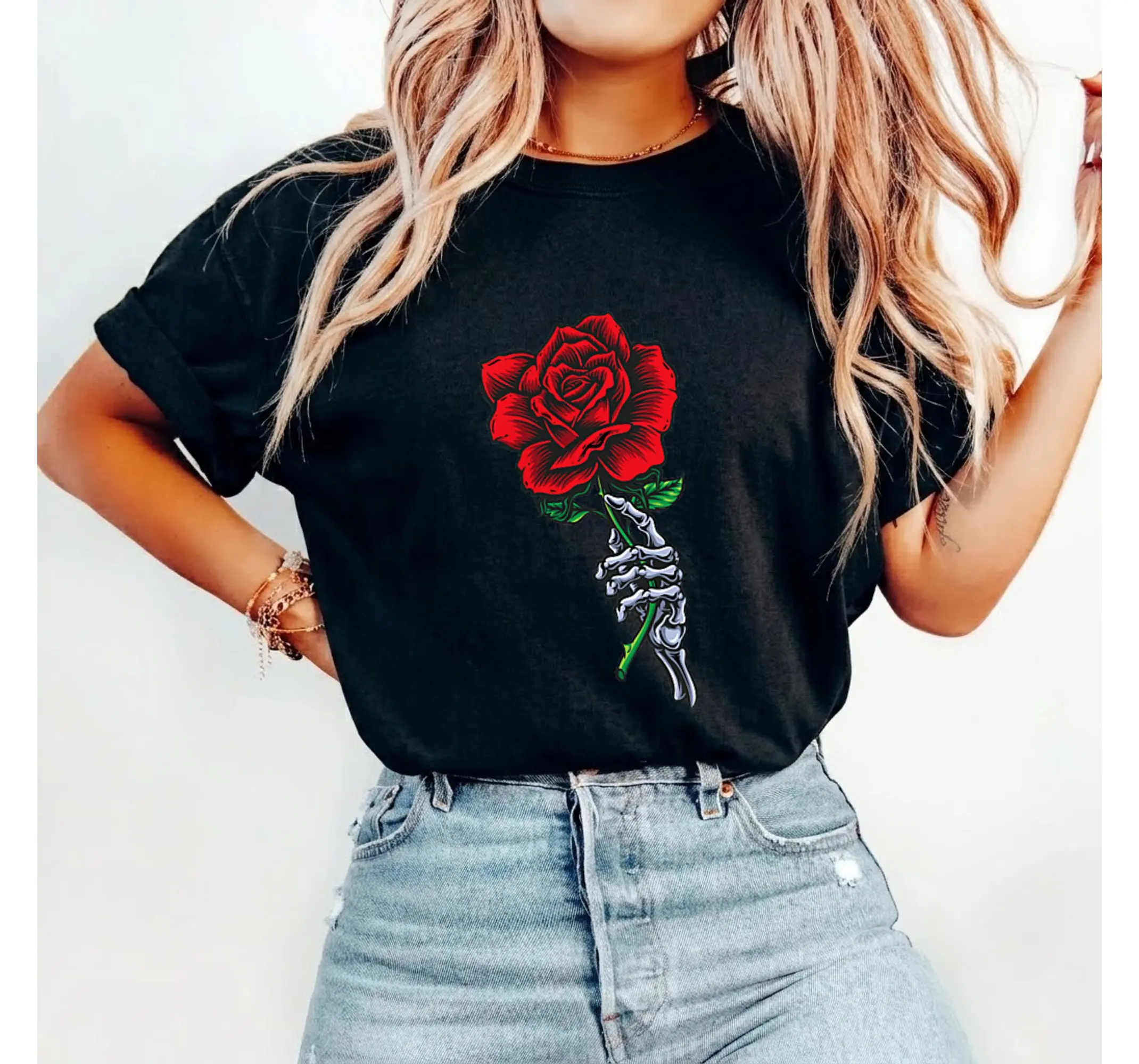 Aesthetic Skeleton Rose Graphic Tee, Grunge Goth Skull Hand Red Flower Y2K Alt T-Shirt - photo 2