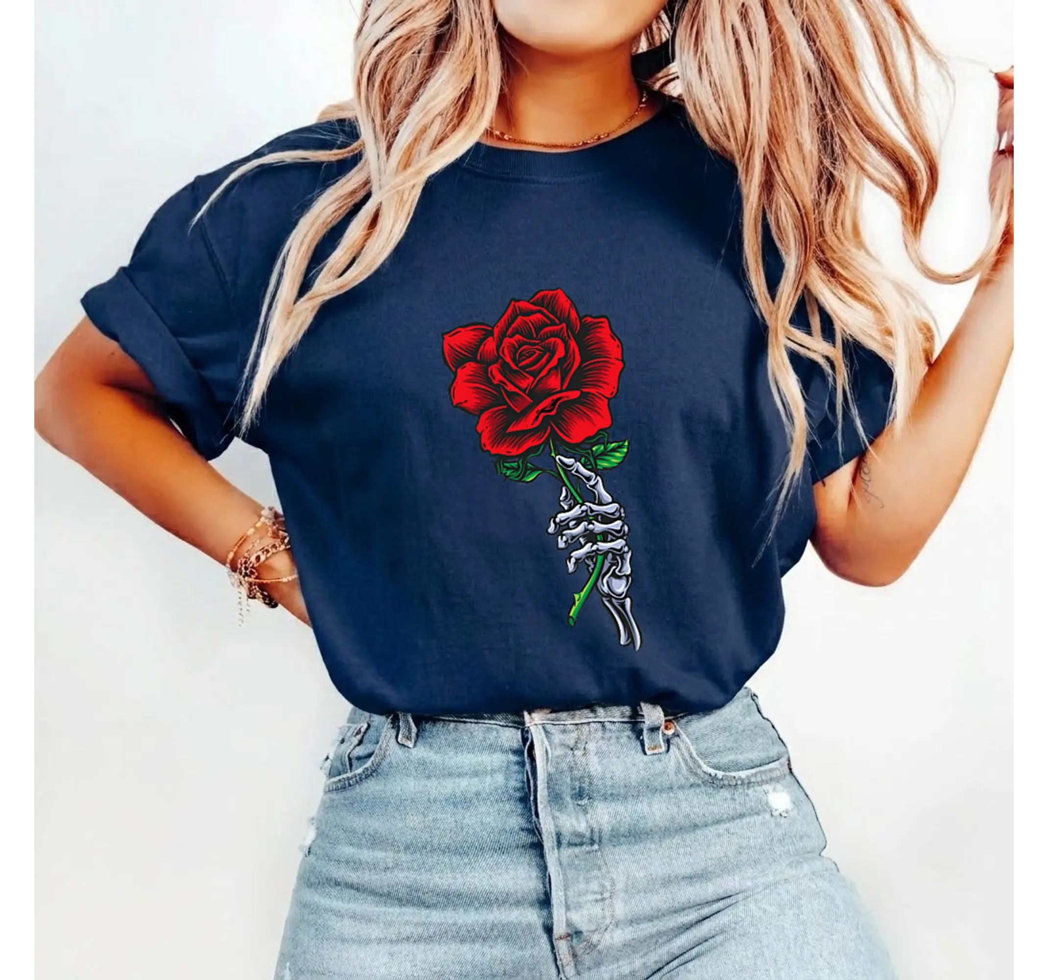 Aesthetic Skeleton Rose Graphic Tee, Grunge Goth Skull Hand Red Flower Y2K Alt T-Shirt - photo 3