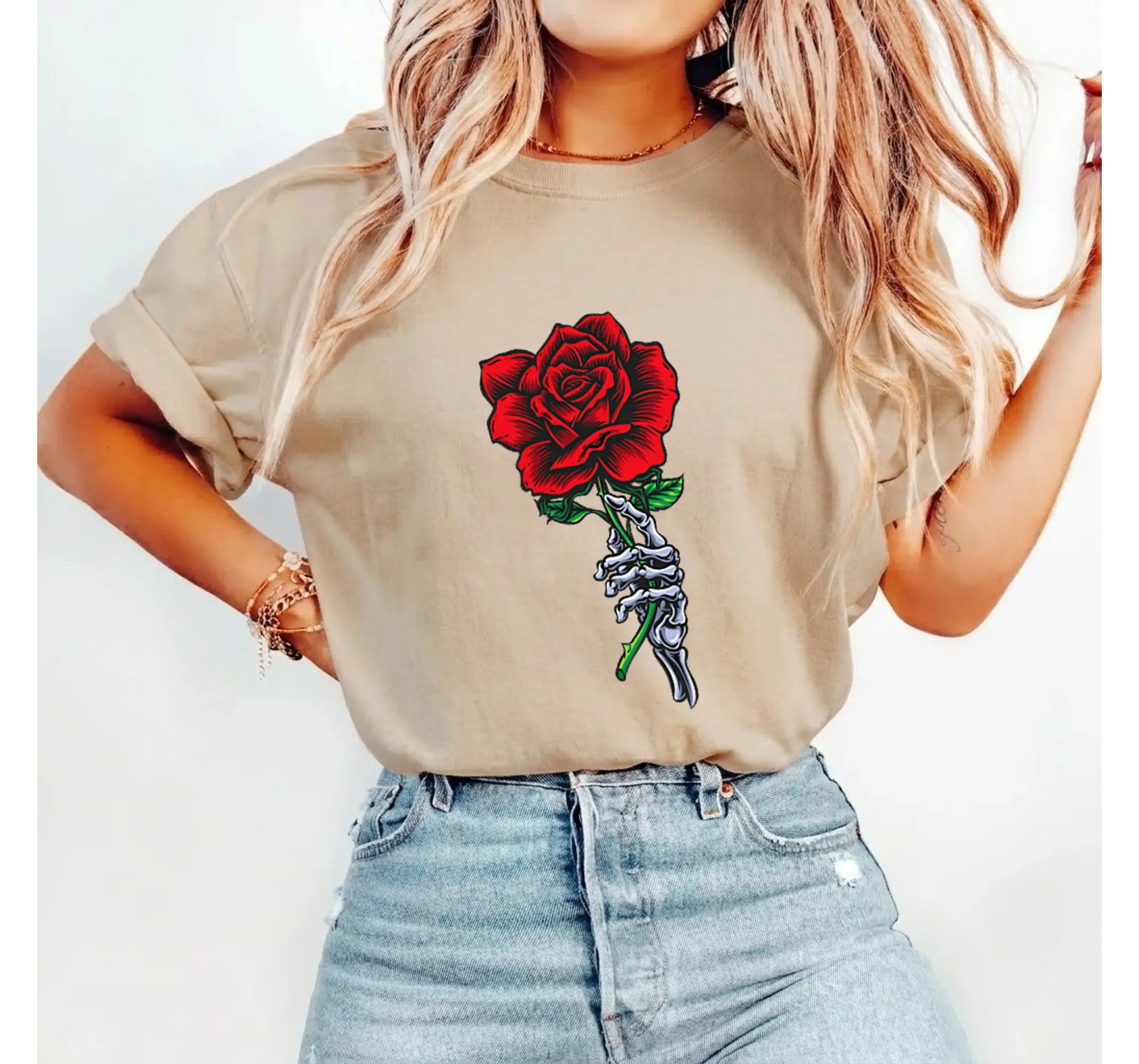 Aesthetic Skeleton Rose Graphic Tee, Grunge Goth Skull Hand Red Flower Y2K Alt T-Shirt - photo 4