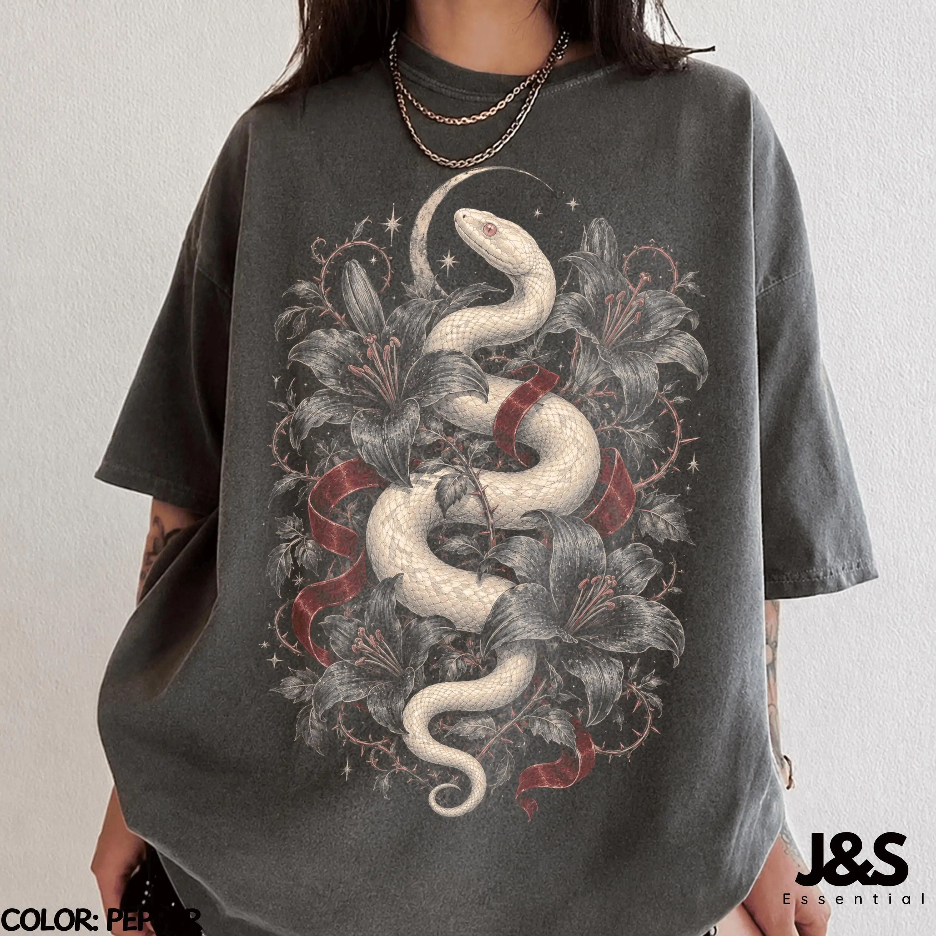 Albino Python Halloween T-Shirt, Gothic White Snake Witchy Floral Serpent Graphic Tee, Comfort Colors Reptile Lover Gift
