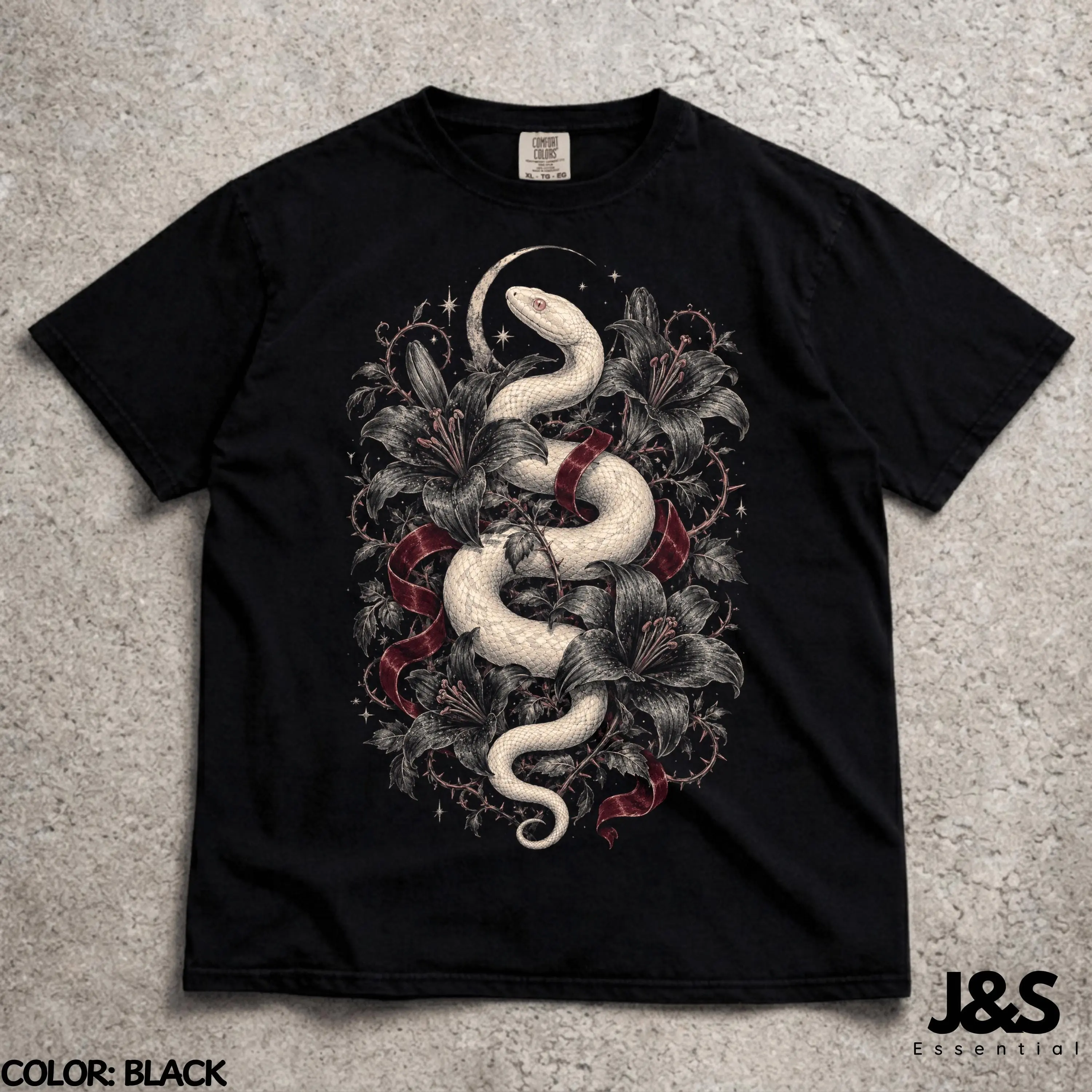 Albino Python Halloween T-Shirt, Gothic White Snake Witchy Floral Serpent Graphic Tee, Comfort Colors Reptile Lover Gift - photo 2
