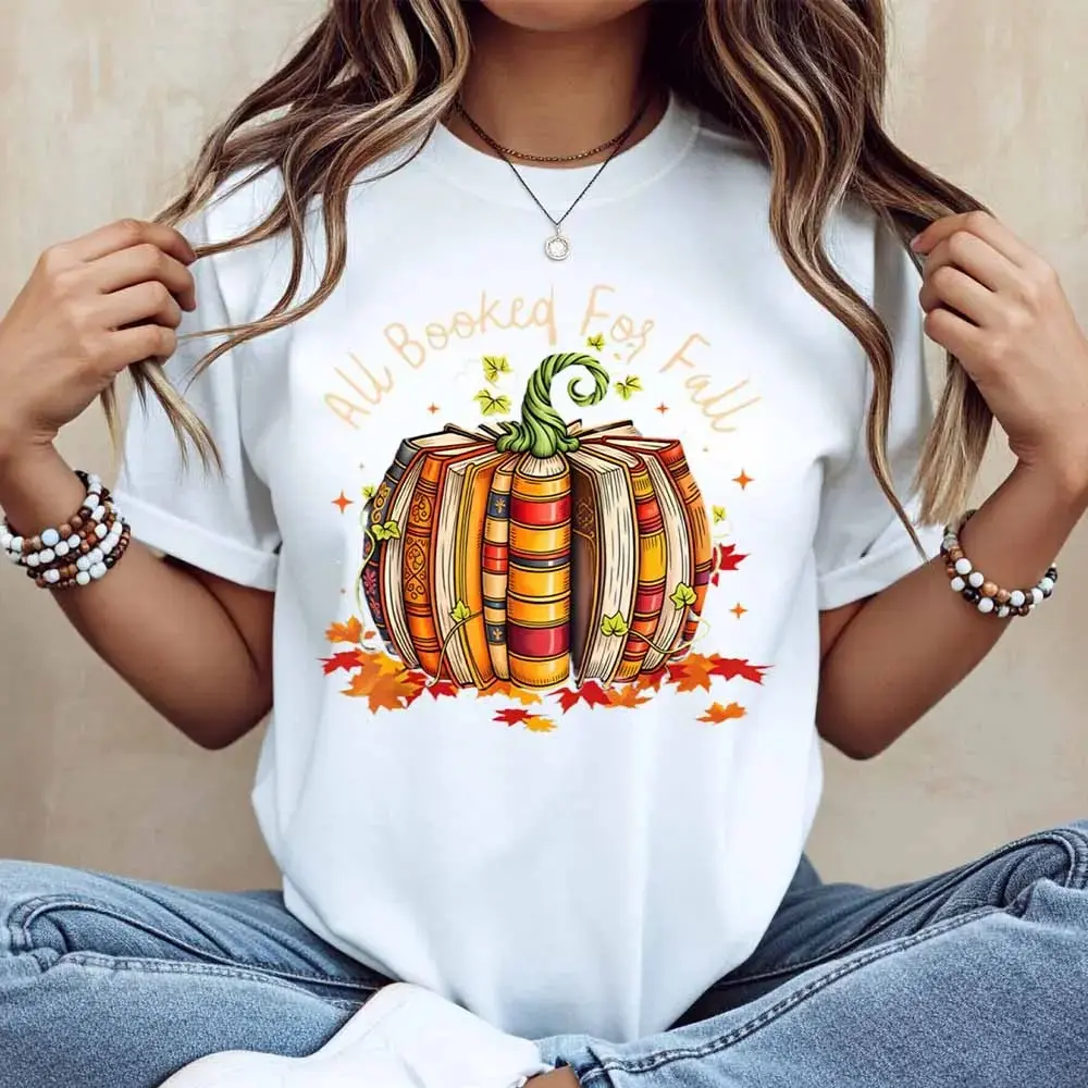 All Booked For Fall Pumpkin Books T-Shirt for Women, Casual Short Sleeve Autumn Graphic Tee, Cute Book Lover Season Top