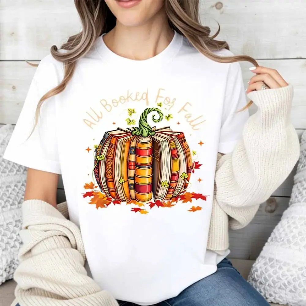 All Booked For Fall Pumpkin Books T-Shirt for Women, Casual Short Sleeve Autumn Graphic Tee, Cute Book Lover Season Top - photo 2
