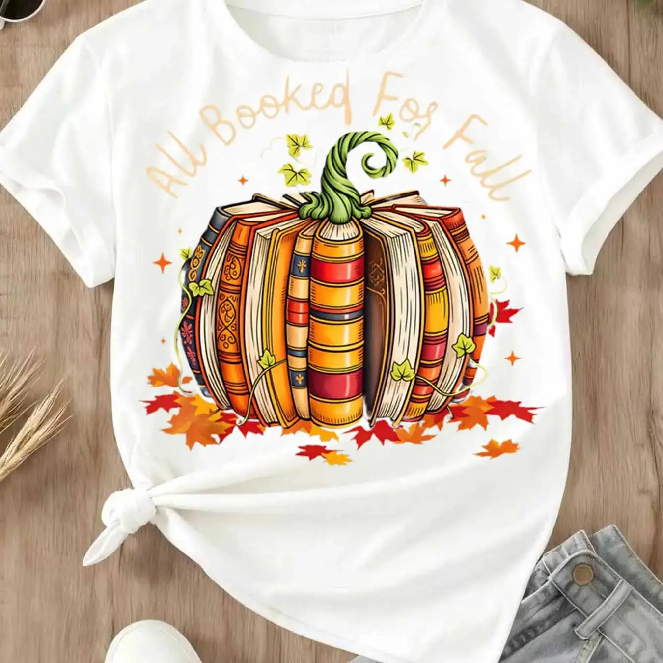 All Booked For Fall Pumpkin Books T-Shirt for Women, Casual Short Sleeve Autumn Graphic Tee, Cute Book Lover Season Top - photo 3