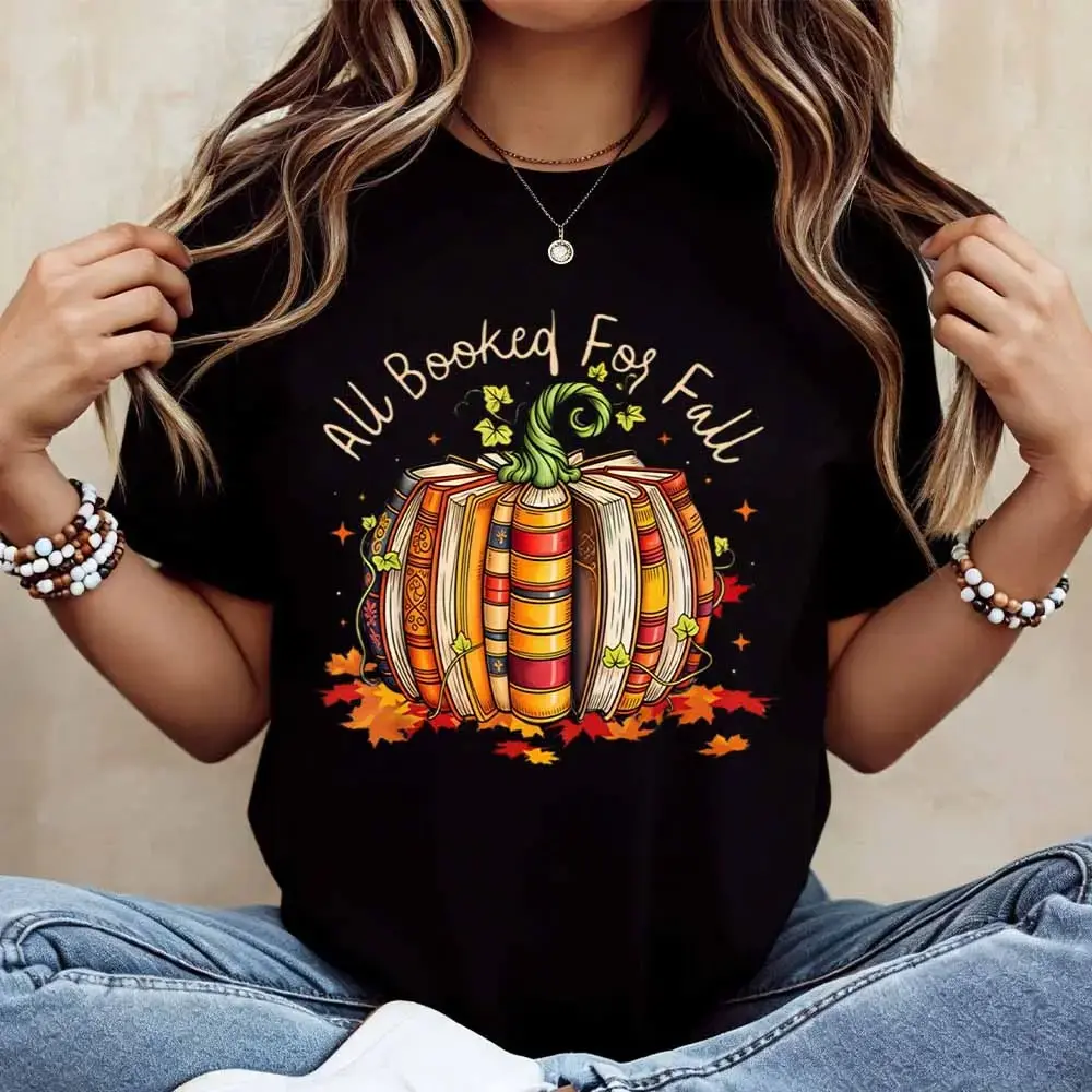 All Booked For Fall Pumpkin Books T-Shirt for Women, Casual Short Sleeve Autumn Graphic Tee, Cute Book Lover Season Top - photo 4