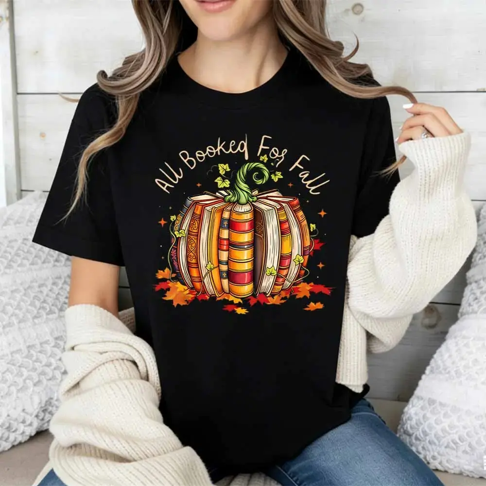 All Booked For Fall Pumpkin Books T-Shirt for Women, Casual Short Sleeve Autumn Graphic Tee, Cute Book Lover Season Top - photo 5