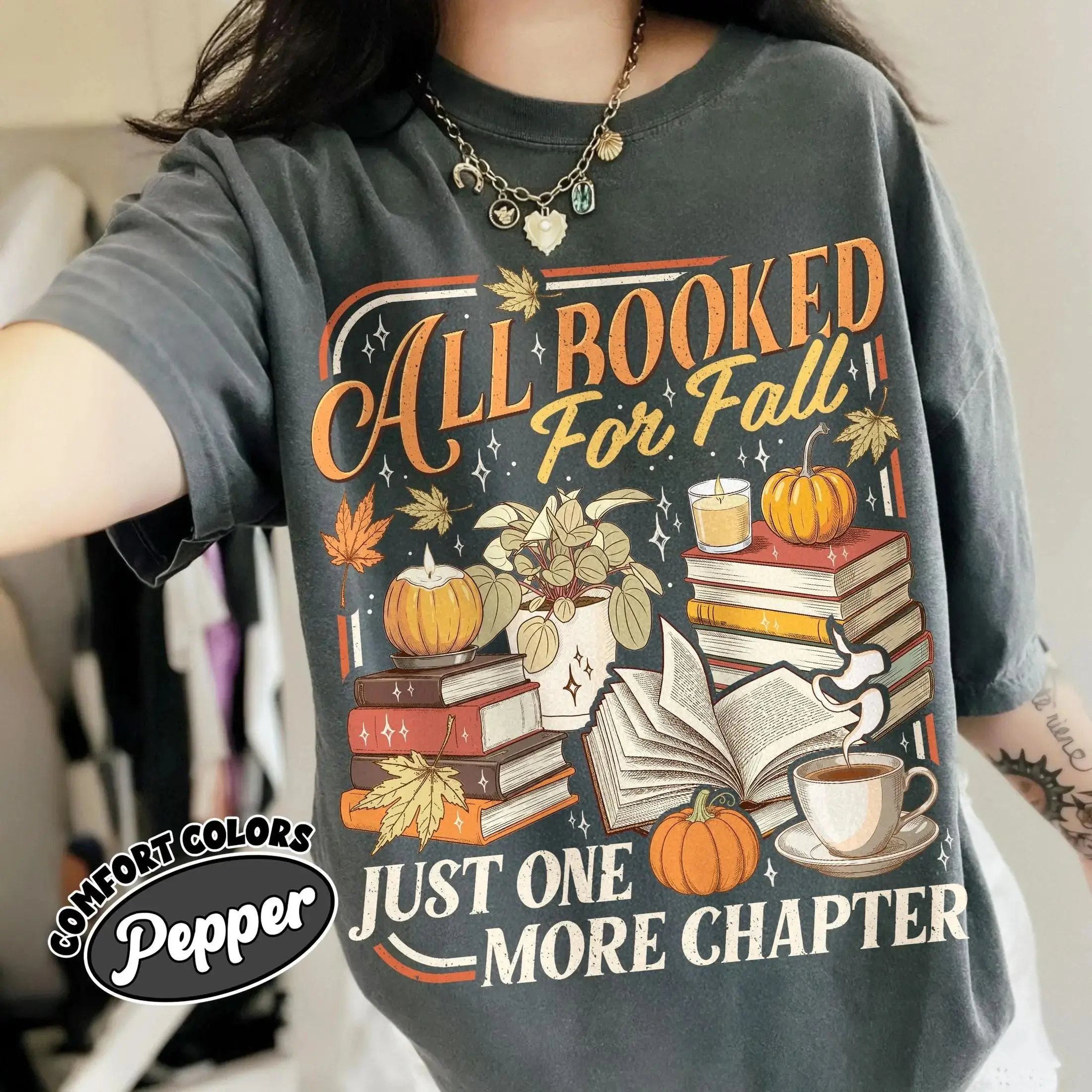 All Booked For Fall Shirt, Spooky Season Book Lover Tee, Cozy Reader Pumpkin Halloween Comfort Colors Graphic Top - photo 2